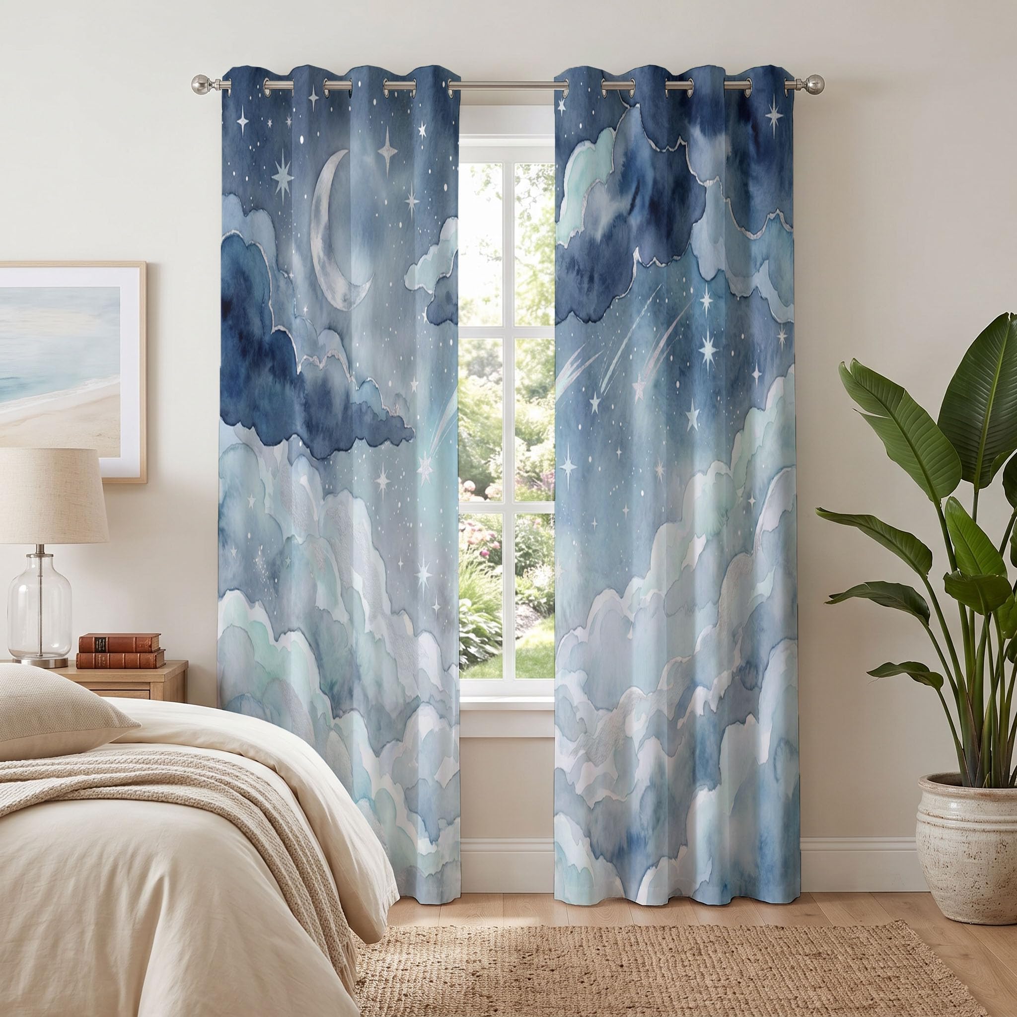 Aquarelllandschaft Vorhänge Himmel Und Wolken Ösen Gardinen Mit Blickdichte, Hellblau Thermo Vorhang H166 X B75 cm (2Er Pack) Verdunkelungsvorhänge Für Schlafzimmer Verdunkelung Fenster