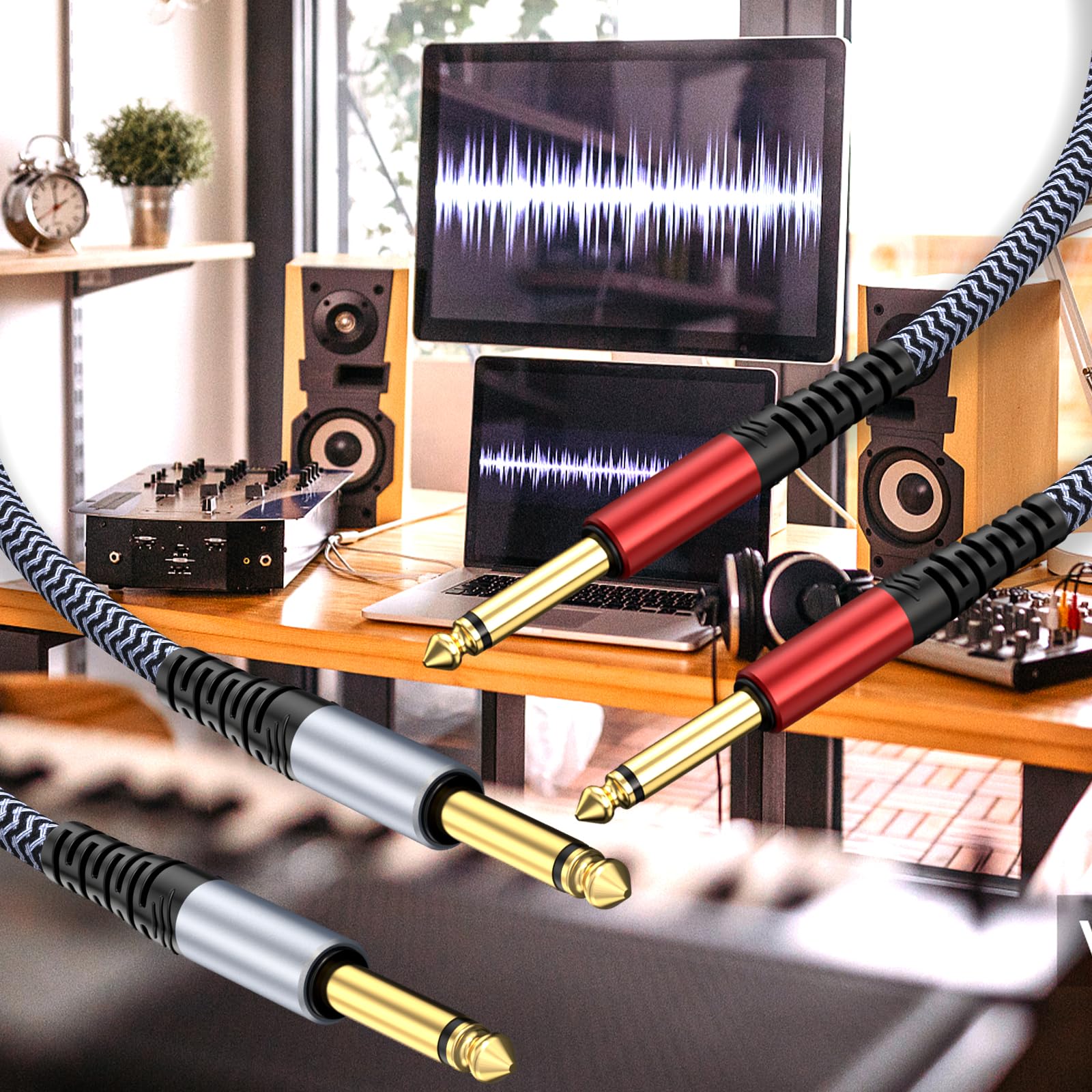Cable de instrumento de guitarra de 1/4 de 30 pies, 2 unidades, recto a recto, cable de instrumento de 1/4 compatible con guitarra eléctrica, bajo, batería, pedal, amplificador