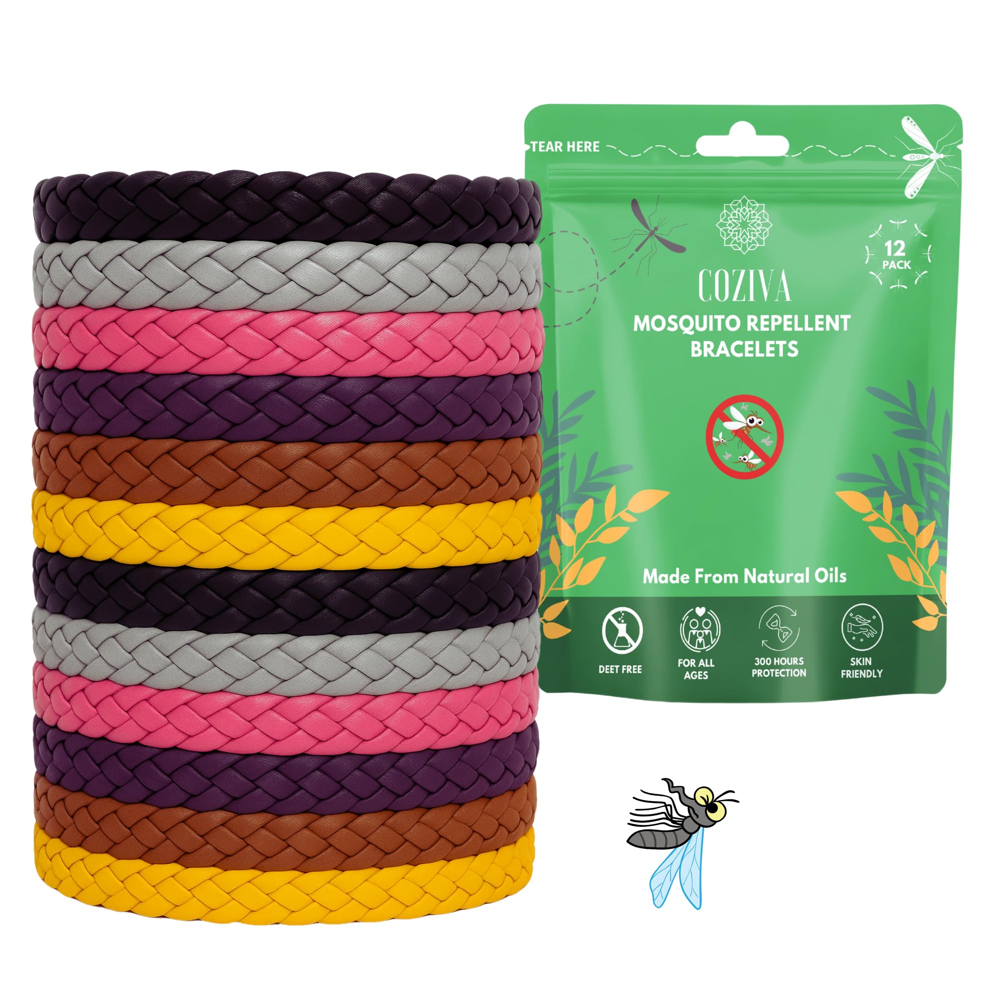 Mosquito Repellent Bracelet,12 Pack Adjustable Leather Insect Repellent Bracelets Deet-Free Natural Mosquito Bands for Adults & Kids-300 Hour Protection Bug Repellent Bracelet Travel Essentials