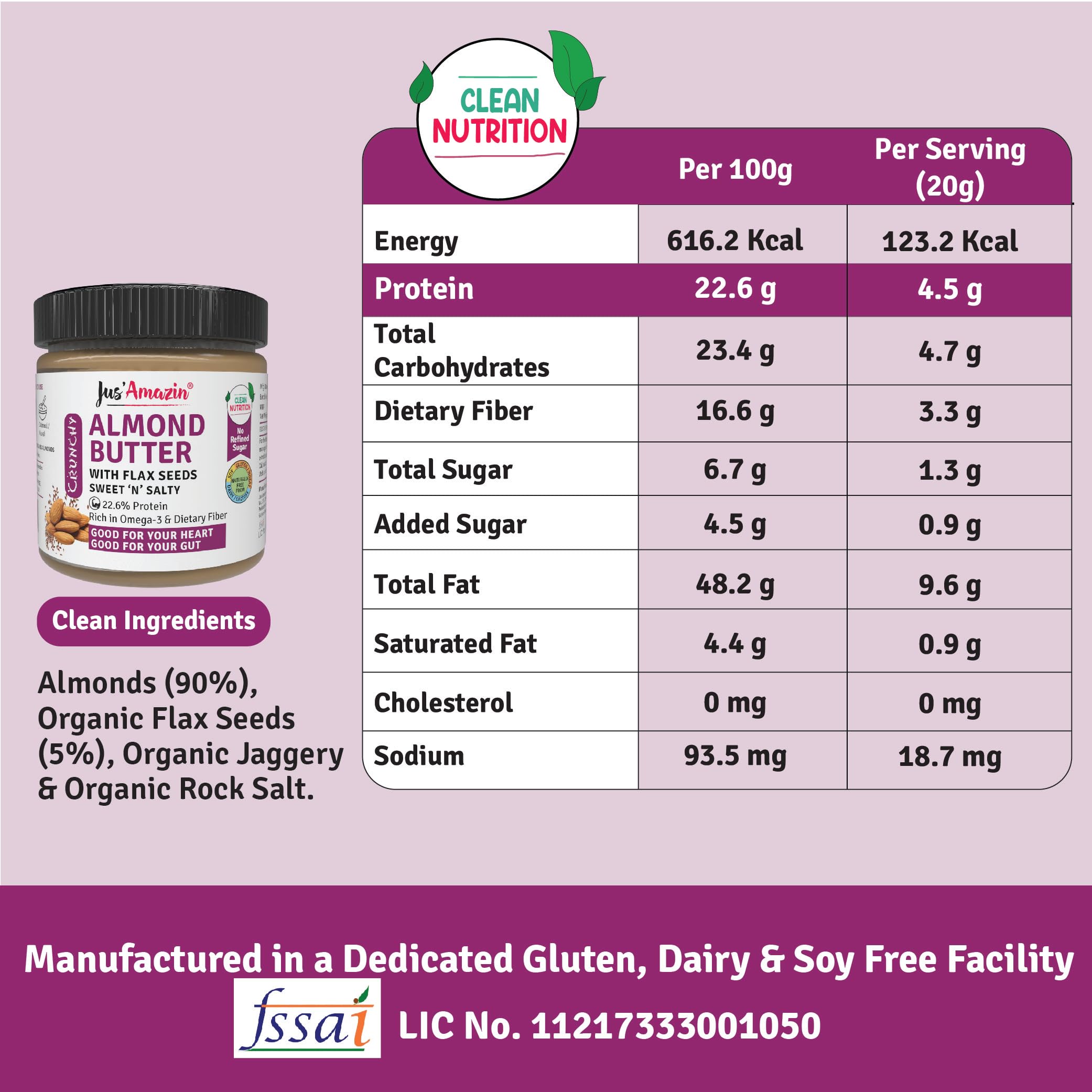 Jus' Amazin Crunchy Almond Butter – with Crunchy Flaxseeds (200g) | 22% Protein | Plant-Based Nutrition | 86% Almonds | Rich in Omega-3 | Zero Chemicals | Dairy Free | 100% Natural - Image 2 thumbnail