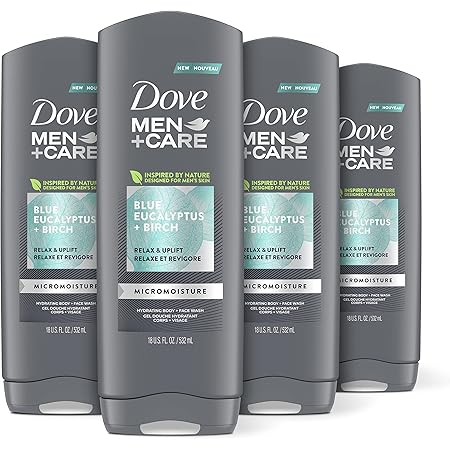 Dove Men+Care Mens Body Wash Dry Skin Body Wash with Micromoisture, Blue Eucalyptus and Birch Effectively Washes Away Bacteria While Nourishing Your Skin 18 oz 4 Count