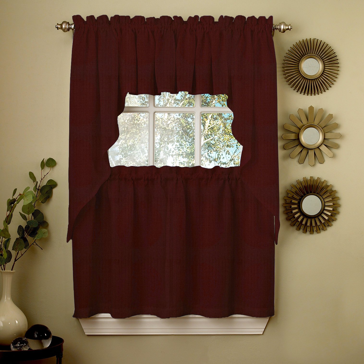 Sweet Home Collection 5 Pc Kitchen Curtain Valance Swag Choice 36" Pair, 24" Tier Set, Ribcord Wine (Pack of 12)