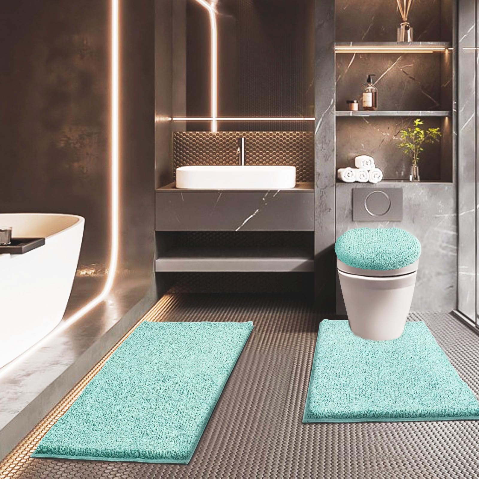 Baahrnom Bathroom Rugs Sets 3 Piece with Adjustable Toilet Seat Cover 17.5"x 15" Machine Washable Bath Rug Set with TPR Non Slip Rubber Backing Solid