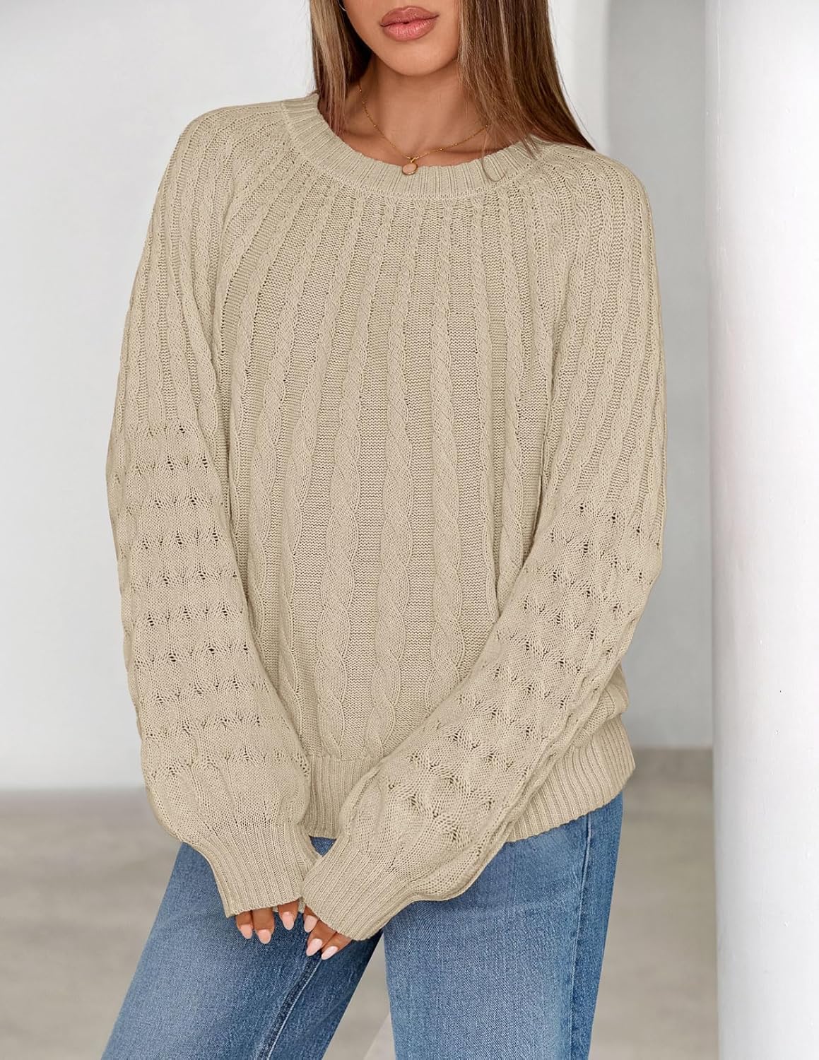 MEROKEETY Women's Fall Cable Knit Sweater 2025 Fashion Warm Crew Neck Lantern Sleeve Chunky Winter Pullover Tops - Image 3