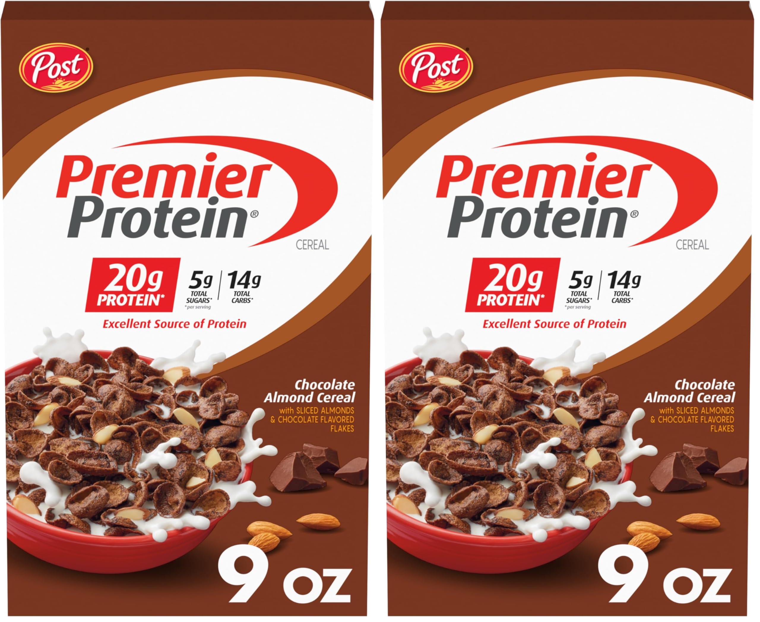 Post Premier Protein Chocolate Almond cereal, high protein-rich breakfast cereal or snack made with real almonds, 9 Ounce - 1 count (Pack of 2)