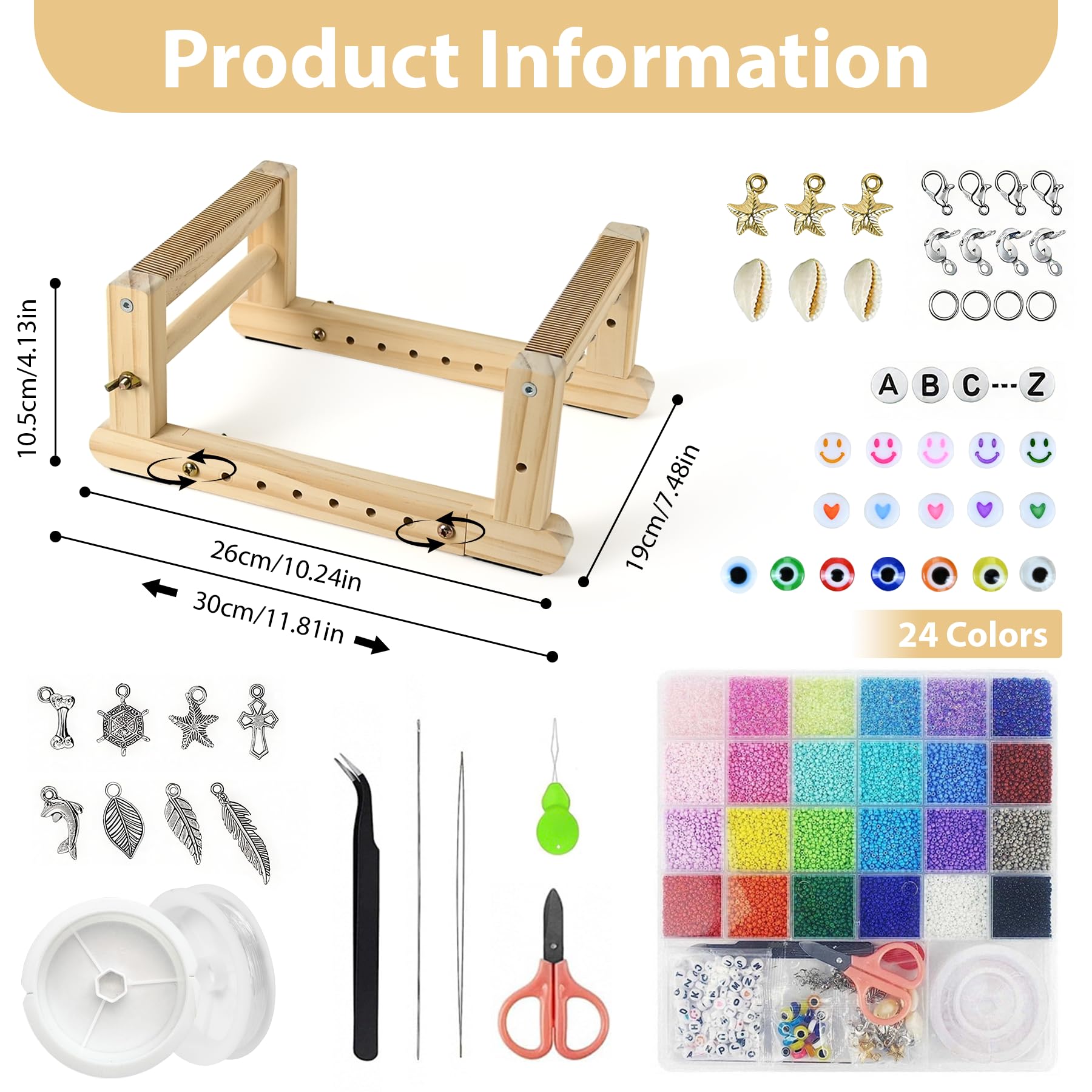 Whemyreat Einstellbar perlenwebrahmen set,Perlwebrahmen aus Holz zum Perlenfädeln,Webrahmen mit bunten Perlen für Kinder ab 6 Jahre,inkl.Weave,Ketten,Armbänder und mehr