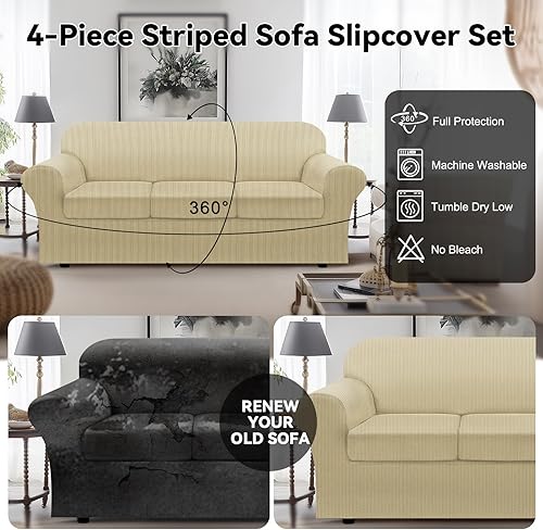 Miniatura 6 de Funda para sofá 100% impermeable, juego de 4 piezas, funda de sofá a rayas para sofá de 3 cojines, con parte inferior de TPU a prueba de fugas,
