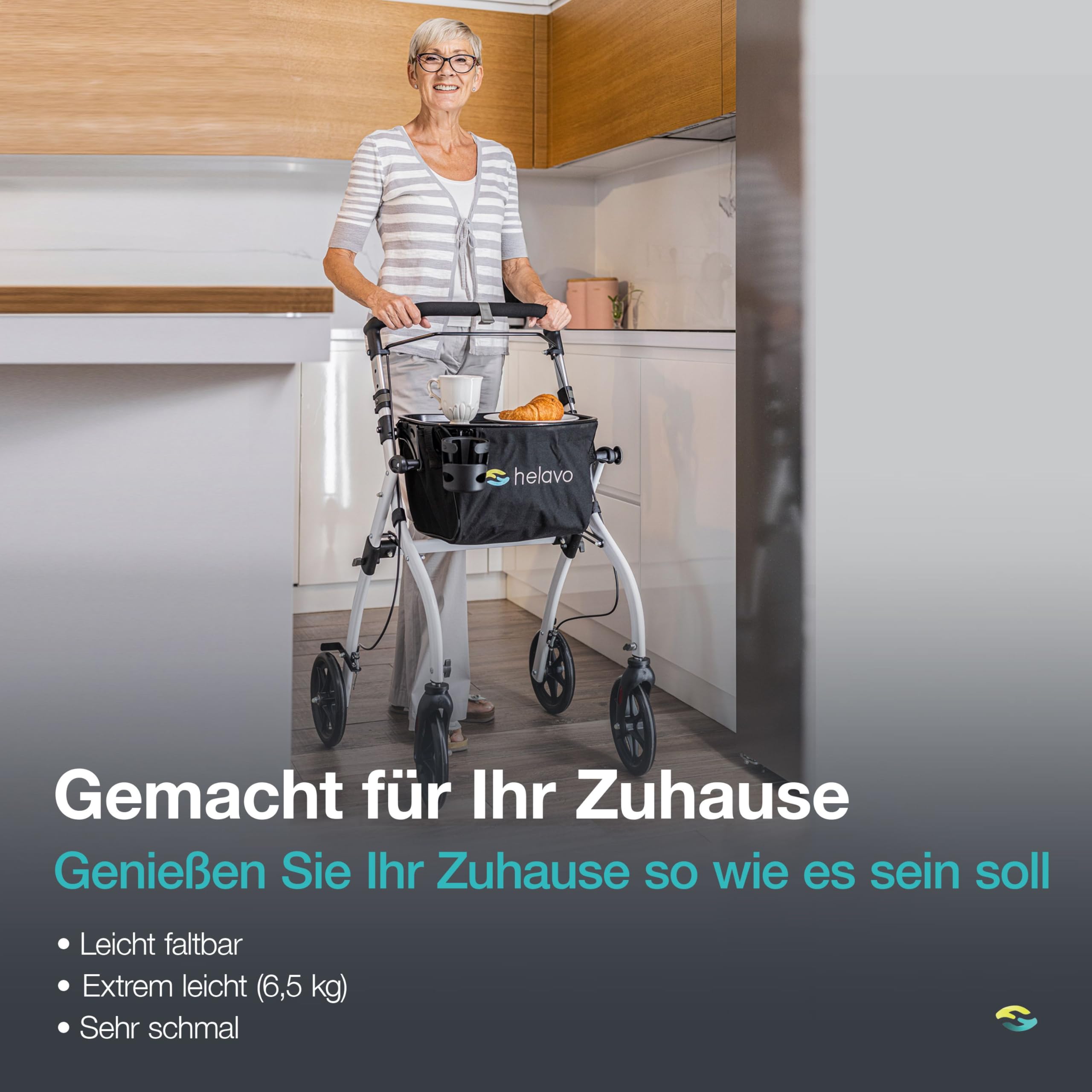 Helavo schmaler Wohnungsrollator mit Tablett - 60 cm breit & Transportkorb | Rollator schmal für die Wohnung - Leichter, faltbarer Indoor-Rollator aus Aluminium - Inkl. Tablett, Becherhalter und Korb