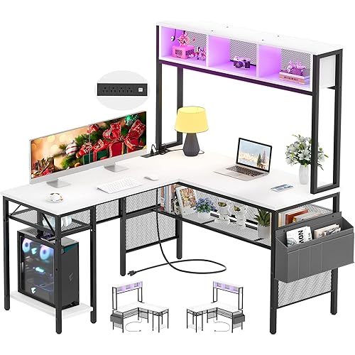 Unikito L Shaped Computer Desk with LED Strip and Power Outlets, Storage Shelves and Bag, Industrial Reversible Gaming Table Writing Corner Desk for Home Office Workstation, White