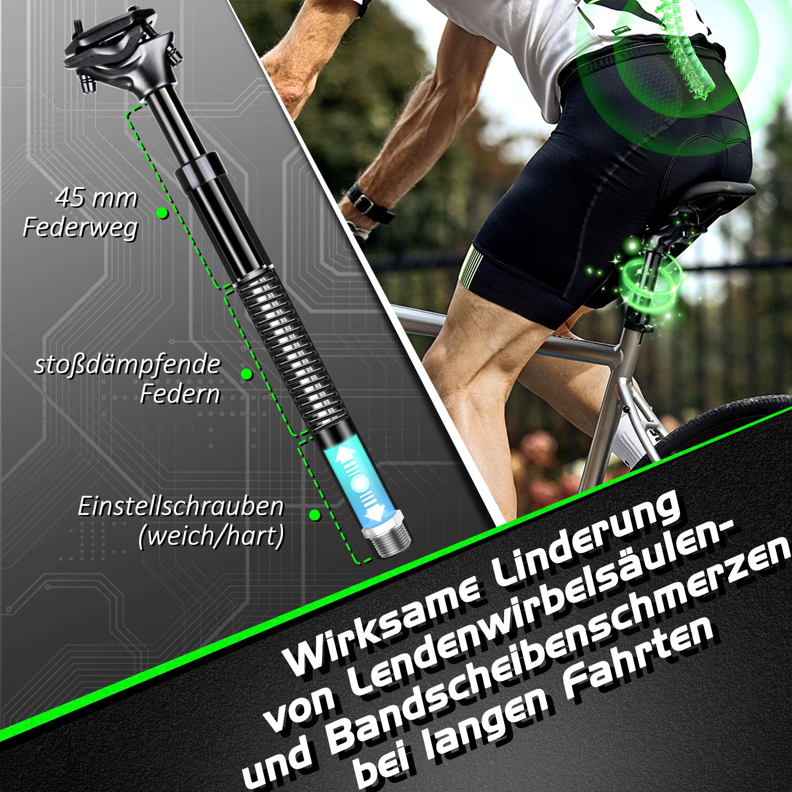 MILFECH Sattelstütze Gefedert [Ø27,2 / 30,9 / 31,6] , Spring Federsattelstütze mit 2 Distanzhülsen,Fahrrad Sattelstange Tragend 55-125kg -Ab jetzt Schmerzfrei,für E-Bike,MTB,Downhill,Trekking Citybike