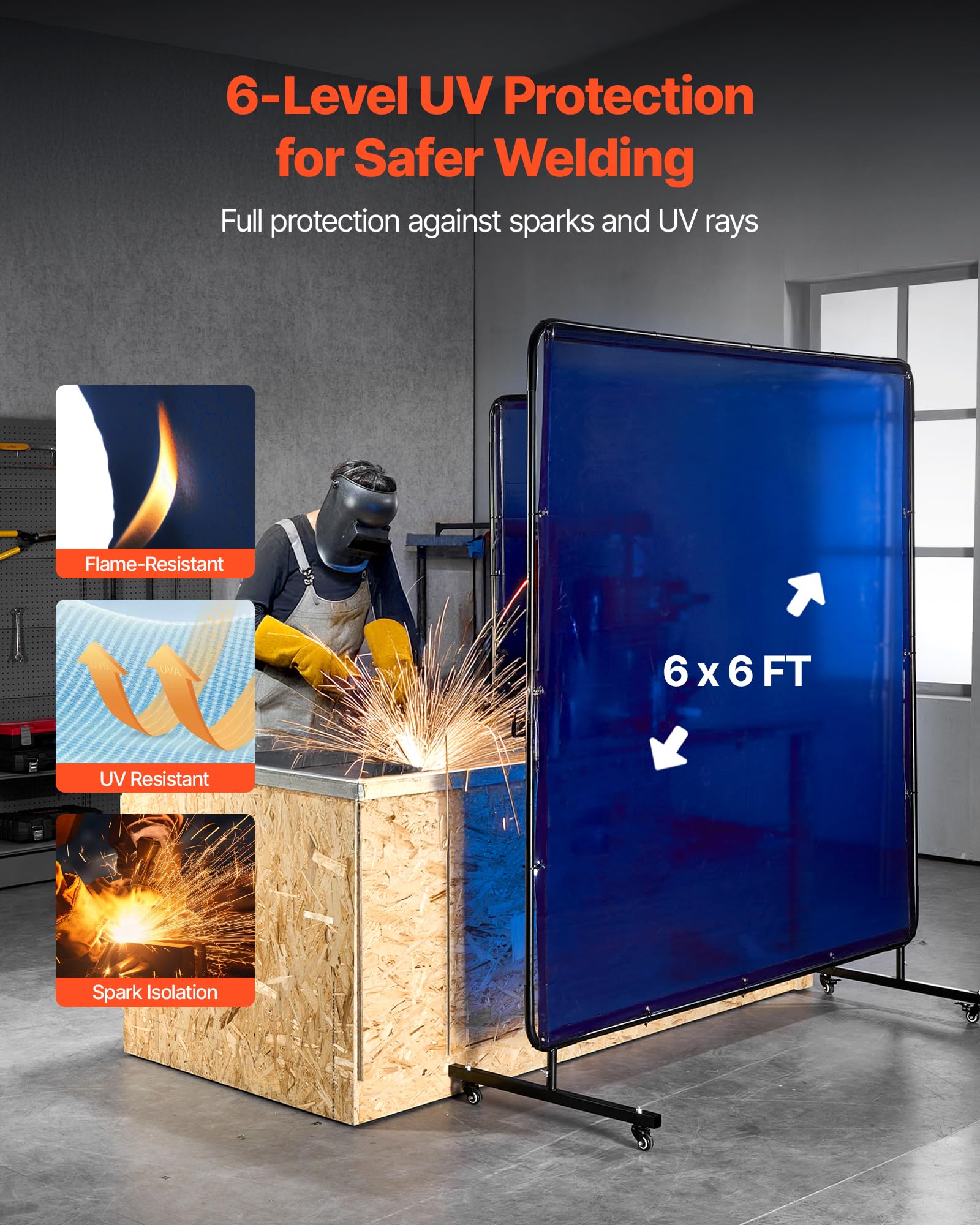 VEVOR Schweißvorhang, 1740x1740 mm Schweißschutzwand, flammhemmende Vinyl-Schweißschutzwand mit feststellbaren Schwenkrädern und 6-stufigem UV-Schutz für Werkstatt-/Industrieeinsatz, Blau
