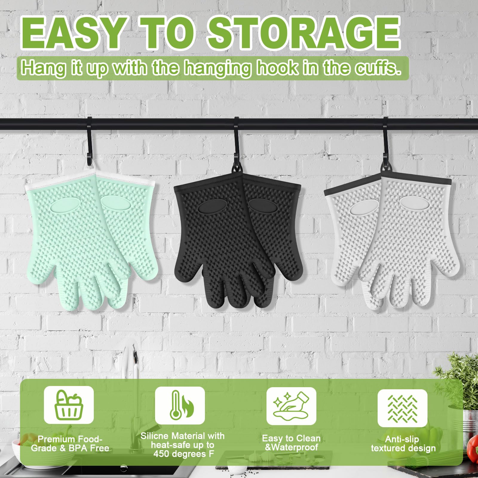 Silikon Ofenhandschuhe mit Fingern, Ofenhandschuhe Hitzebeständig für Küche, wasserdichte & rutschfeste Ofenhandschuhe zum Backen, Kochen, Grillen und BBQ (Schwarz)