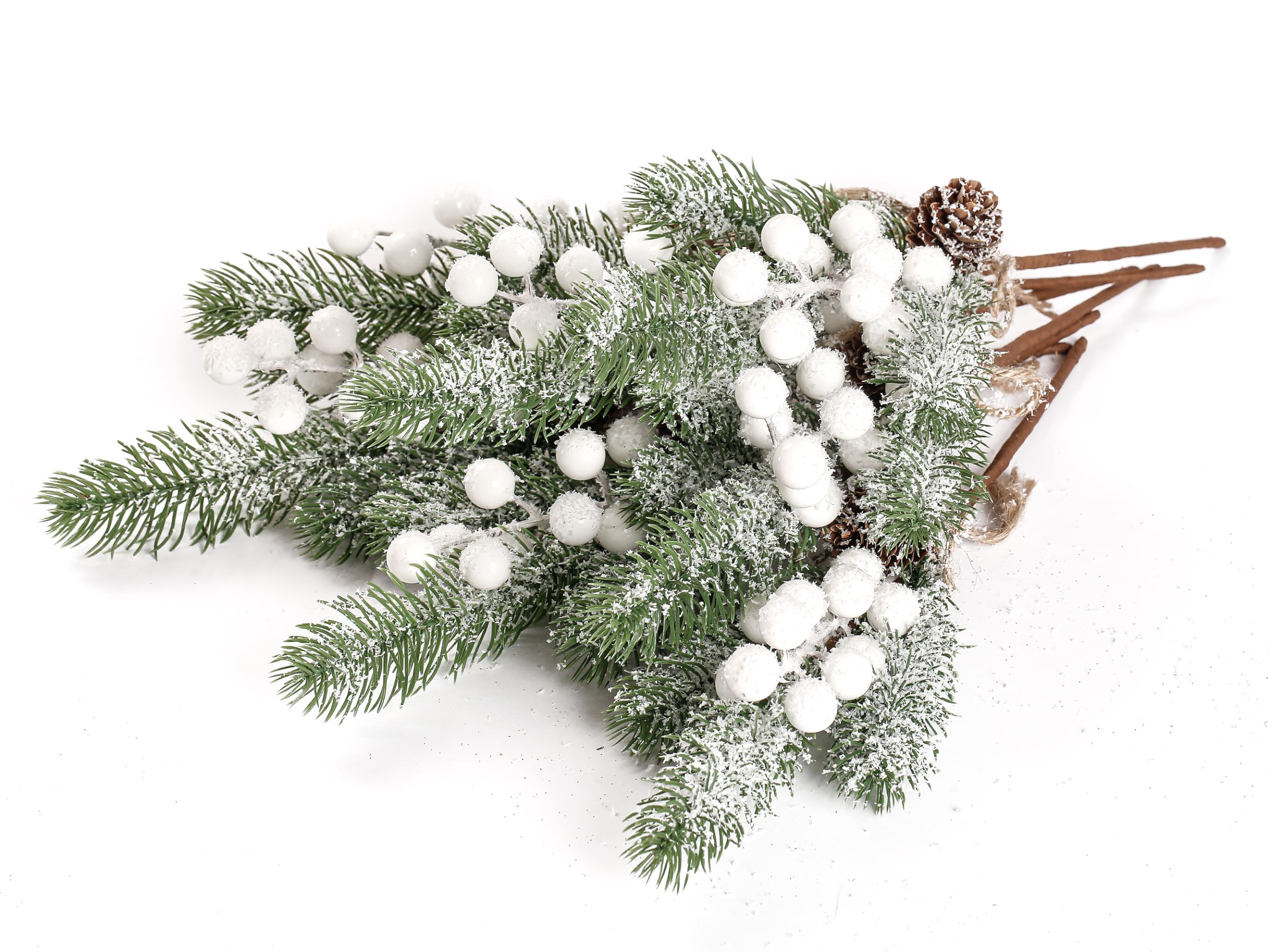 Sggvecsy 8 Stück Schnee gefrostete Weihnachtsbeeren Tannenspieße künstliche weiße Beeren Tannenzweige Faux Tannenzweige mit Tannenzapfen für Weihnachtsbaum Kranz DIY Handwerk Blumenarrangement Urlaub