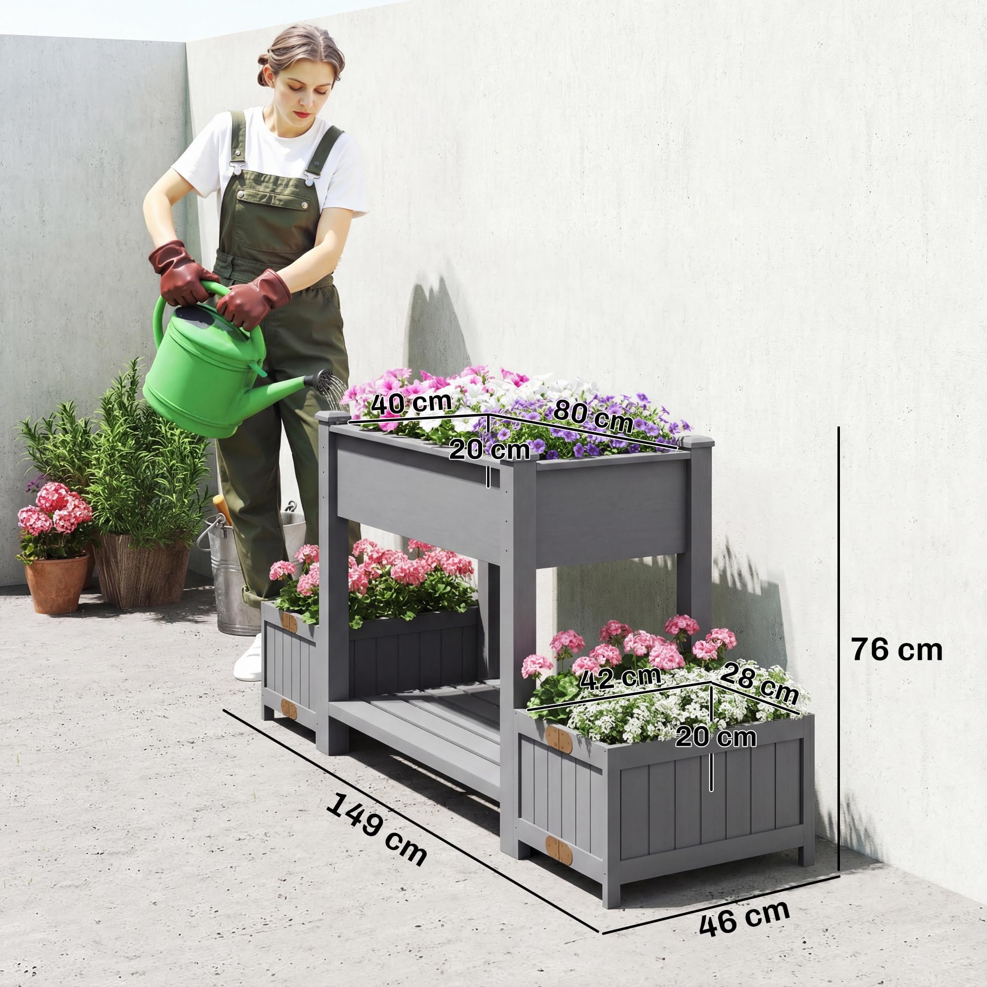 Outsunny Letto per Orto Rialzato in Abete con Ripiano e 2 Vasi Laterali Pieghevoli, Fioriera Rialzata da Esterno con Fori di Drenaggio per Verdure Fiori, 149x46x76cm, Grigio