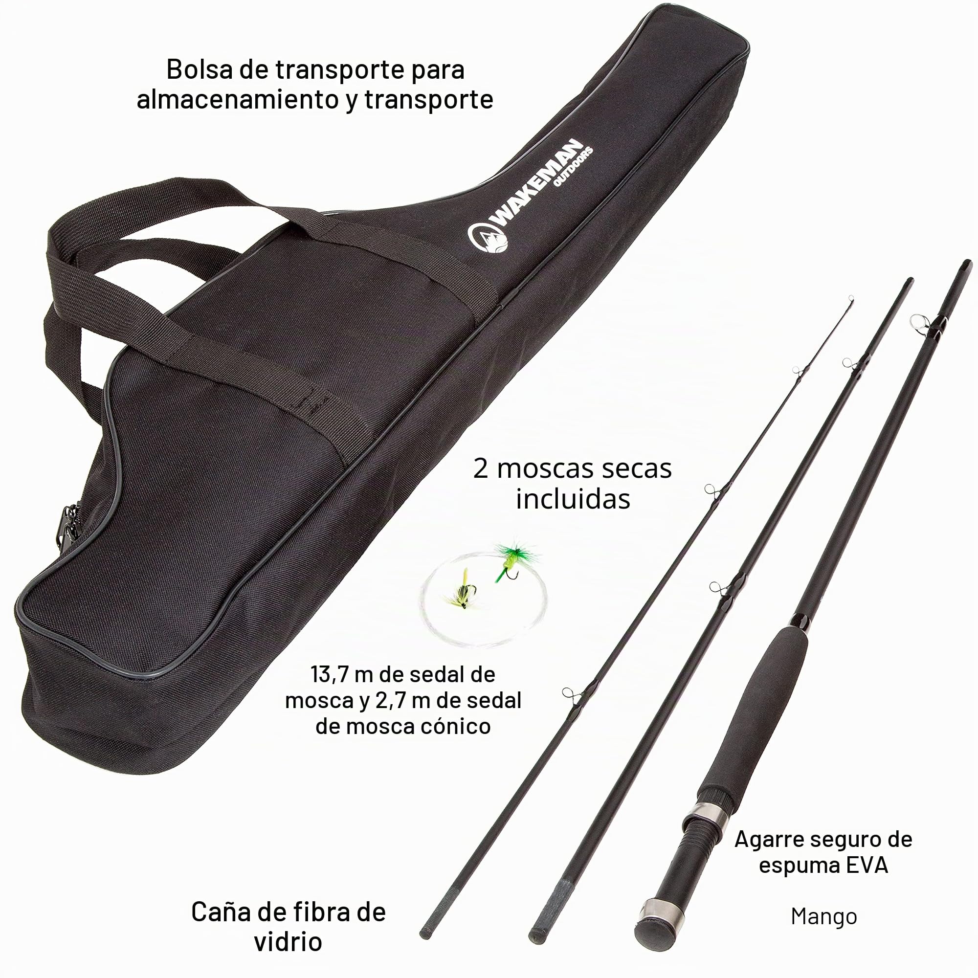 Combo de caña de Pescar con Mosca y Carrete, Incluye Funda de Transporte, Moscas y sedal, Equipo y Accesorios de la Serie Charter de Wakeman (Negro)