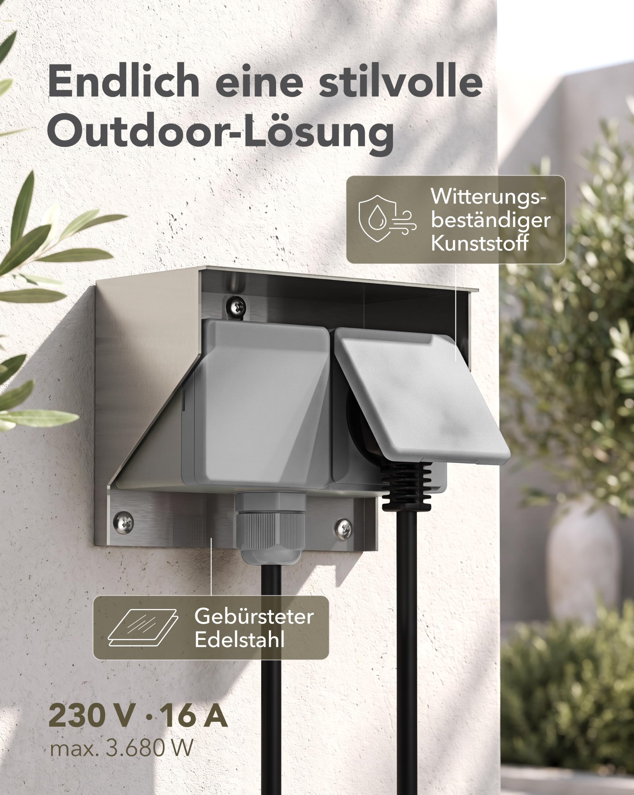 ledscom.de 2x Aufputz Steckdose PIWI für außen und 5m Kabel, IP44, 2-fach, edelstahl, waagerecht