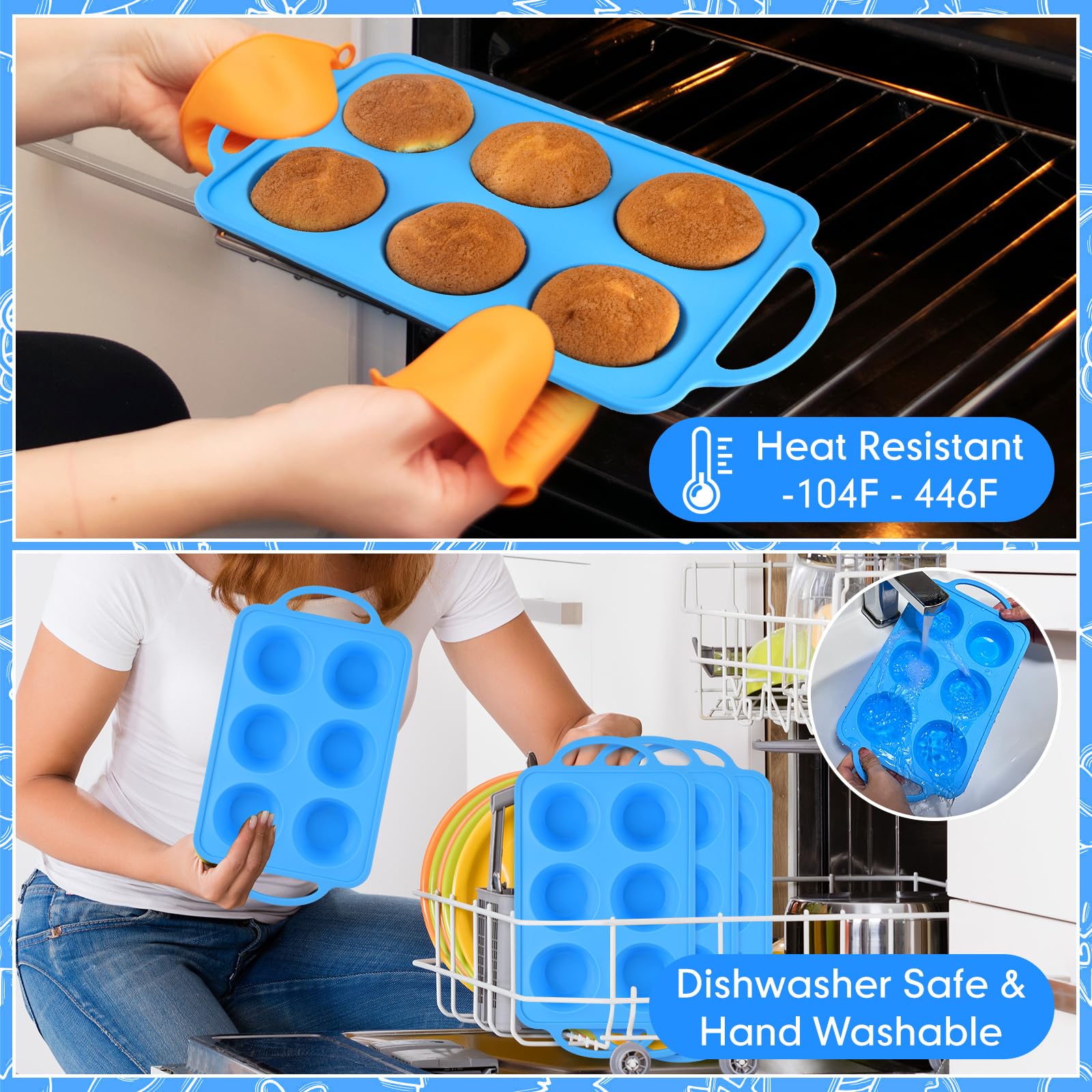 3 moldes de silicona para cupcakes con marcos de metal, 6 tazas, moldes de silicona antiadherentes para hornear magdalenas, bandeja de silicona para magdalenas, mini molde para magdalenas (azul)