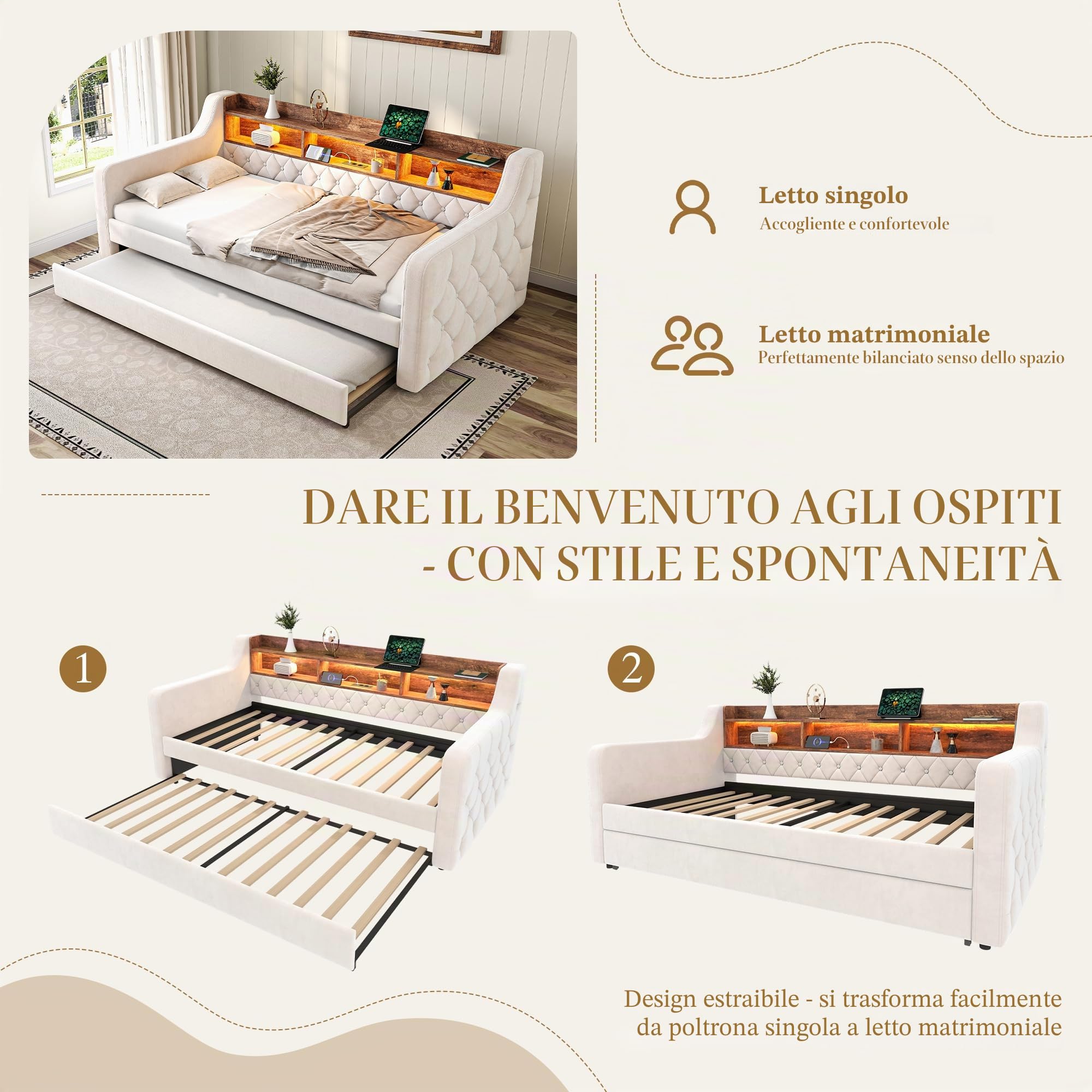 Divano Letto 90x190cm in Velluto con Luce LED e Porta USB-C, Testiera Contenitore, Letto Imbottito Matrimoniale con Reti a doghe, Struttura in Metallo e Legno, Sofa Bed Beige