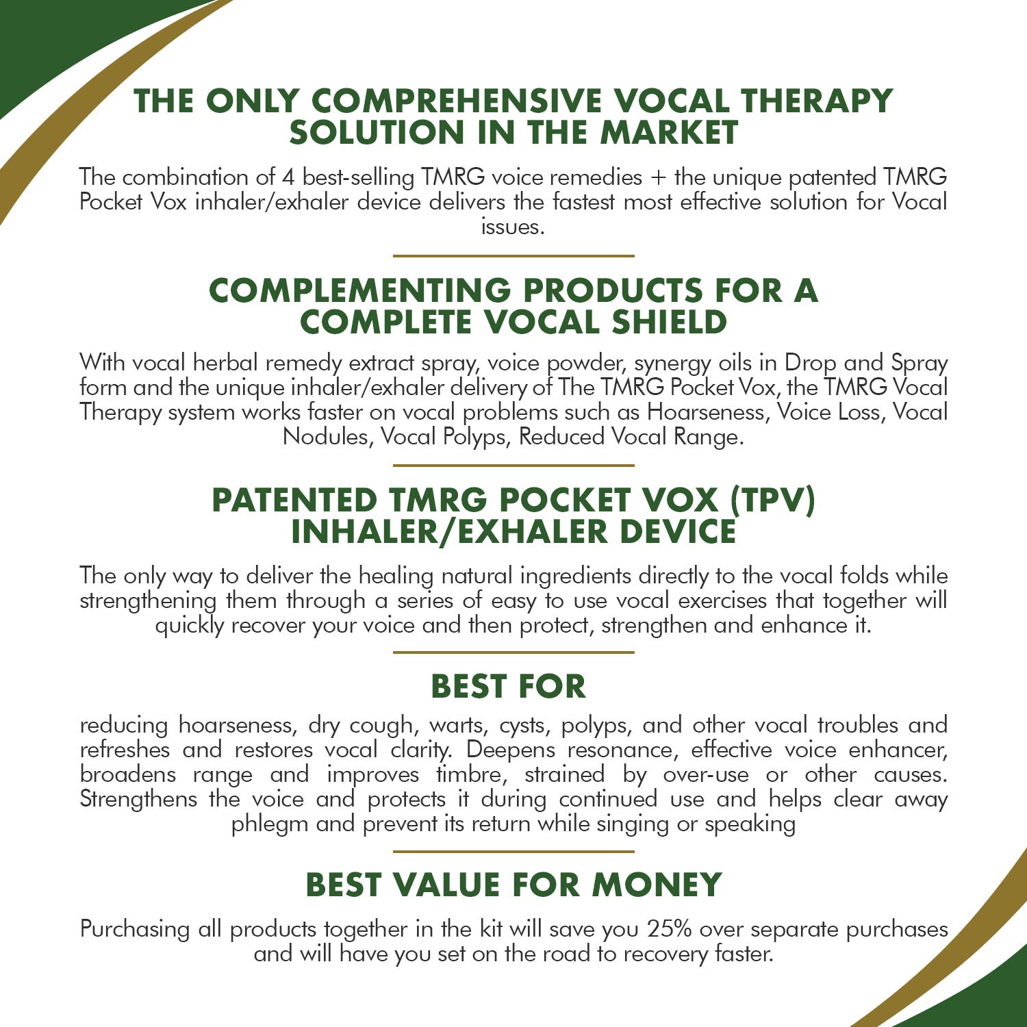 TMRG Voice Therapy Kit Premium (Vocal Classic Spray+Powder+Synergy Oil +Oil Spray+TPV inhaler) Vocal Cord Remedy Treatment 100% Natural Herbal Supplement and Herbal Remedy for Sore Throat Hoarse Voice