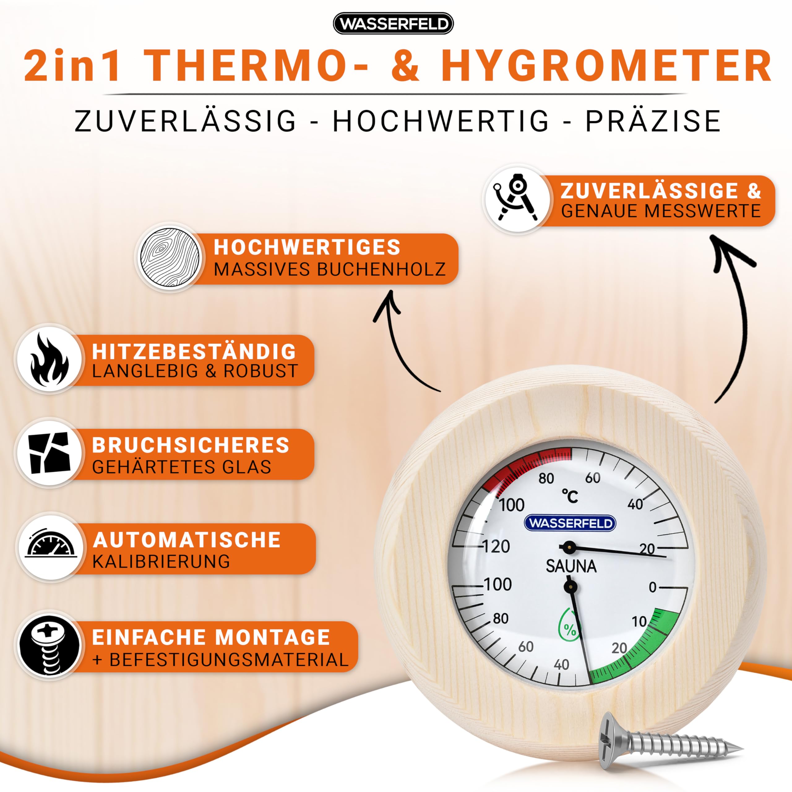 WASSERFELD® Seau de sauna (4 litres) – Seau de sauna de qualité supérieure avec truelle, sablier, thermomètre et hygromètre – Seau de sauna résistant à la chaleur de 4 l avec insert et corde de
