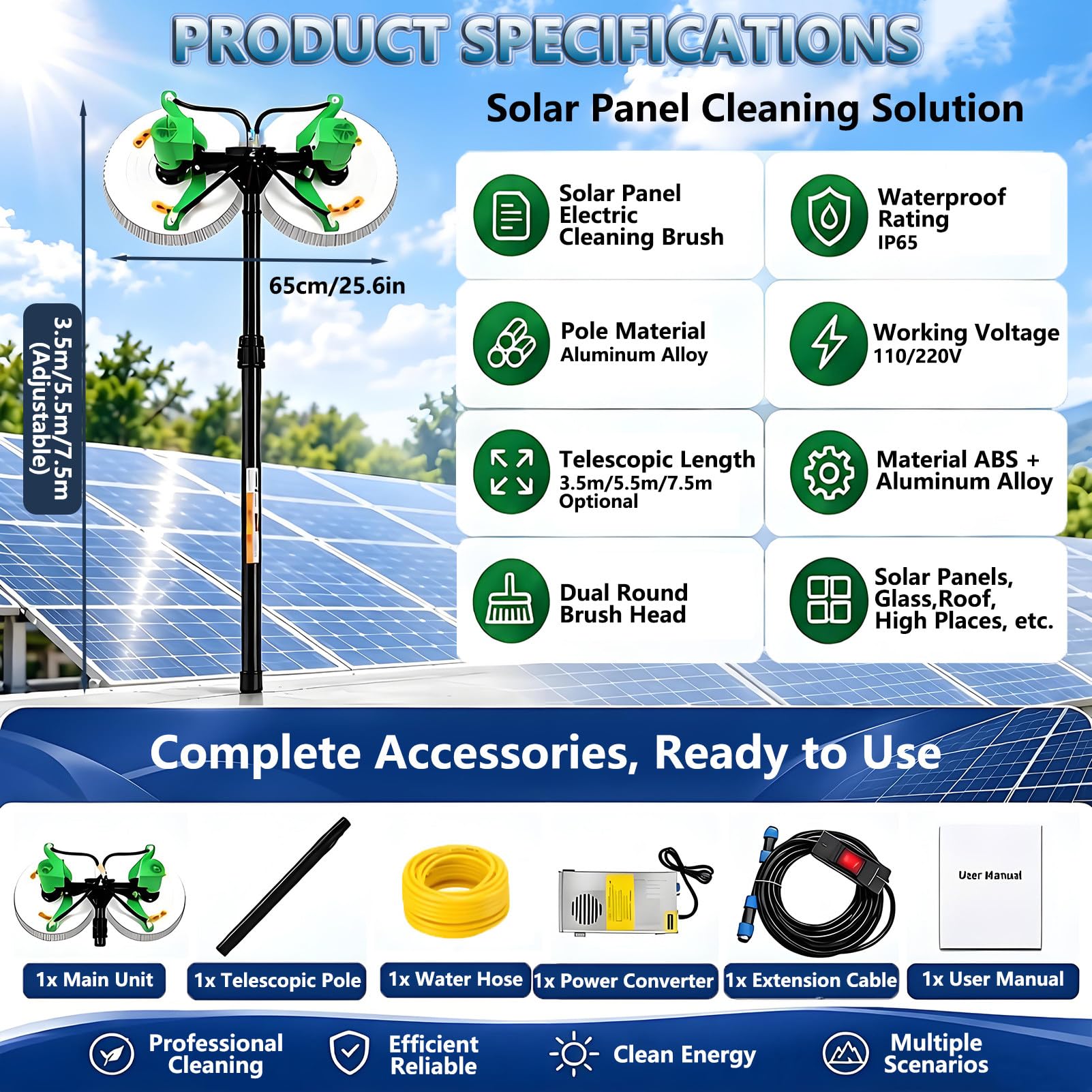 Kit Pulizia Pannelli Fotovoltaici con Spazzola Rotante 3.5m
