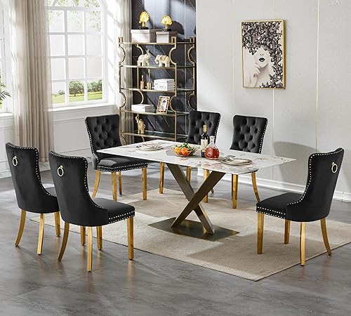Miniatura 19 de Juego de mesa de comedor de mármol blanco para 6, 70 pulgadas, mesa de comedor de mármol blanco con 6 sillas de terciopelo beige y base de acero al