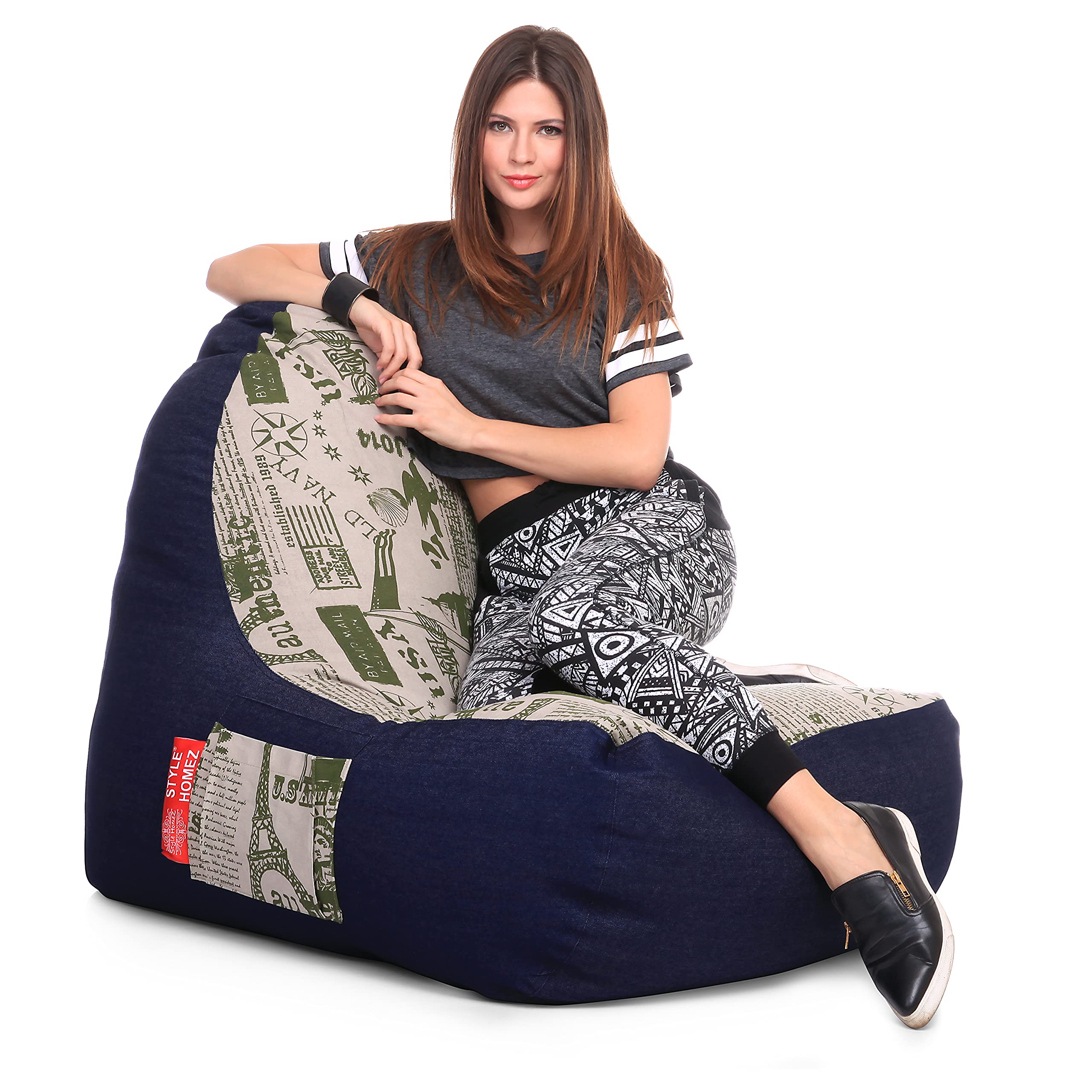 Style Homez Urban Design Denim Canvas Abstract Printed Chair Bean Bag XXL Size Cover Only, Multicolour-image-7