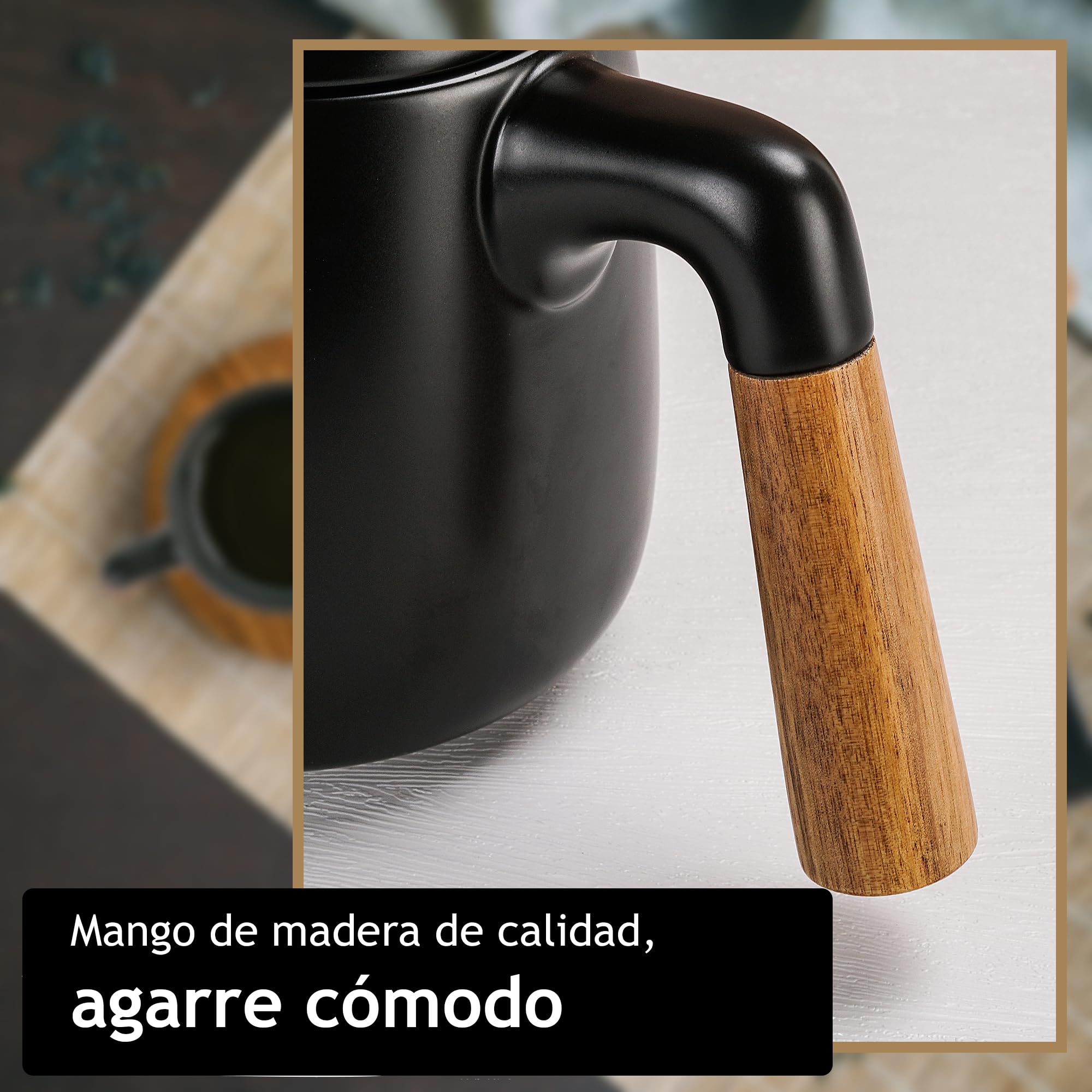 MIAMIO – Juego de tetera de cerámica de 1000 ml con infusor y tazas/colador de té, 4 tazas de té de cerámica (300 ml), platitos de bambú/asa para el hogar y el despacho (Negro)