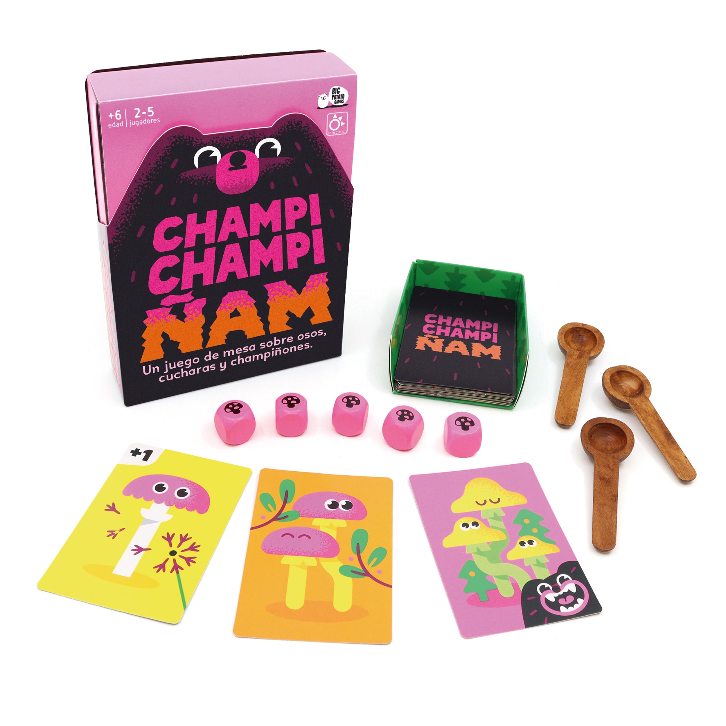Mercurio - Champi Champi Ñam | Juego de Mesa Familiar de Velocidad y Reflejos | Party Game Divertido con Dados, Cartas y Cucharas | 2-5 Jugadores | +6 Año