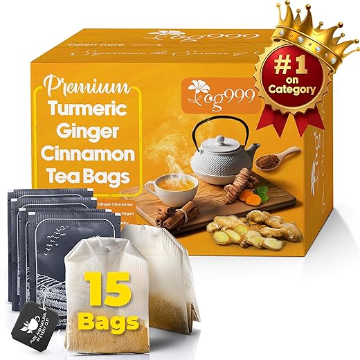 TOG999, Premium 15 Tea Bags Turmeric, Ginger, Cinnamon, 100% Natural, Hand-made Blend of Turmeric, Ginger, and Cinnamon Herbal Tea. Eco-conscious Tea Bags. No Sugar, No Caffeine, No Gluten, Vegan.