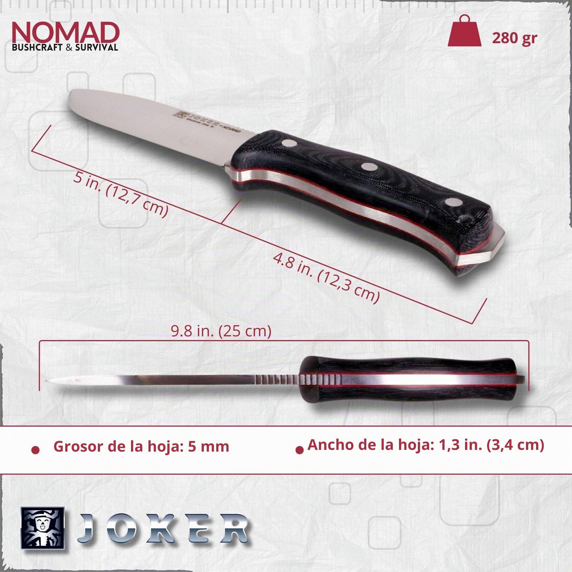 Joker Cuchillo Bushcraft Nomad CM125-P, hoja de 12,7 cm, mango micarta canvas, funda piel de color negro con pedernal, Herramienta de pesca, caza, camping y senderismo