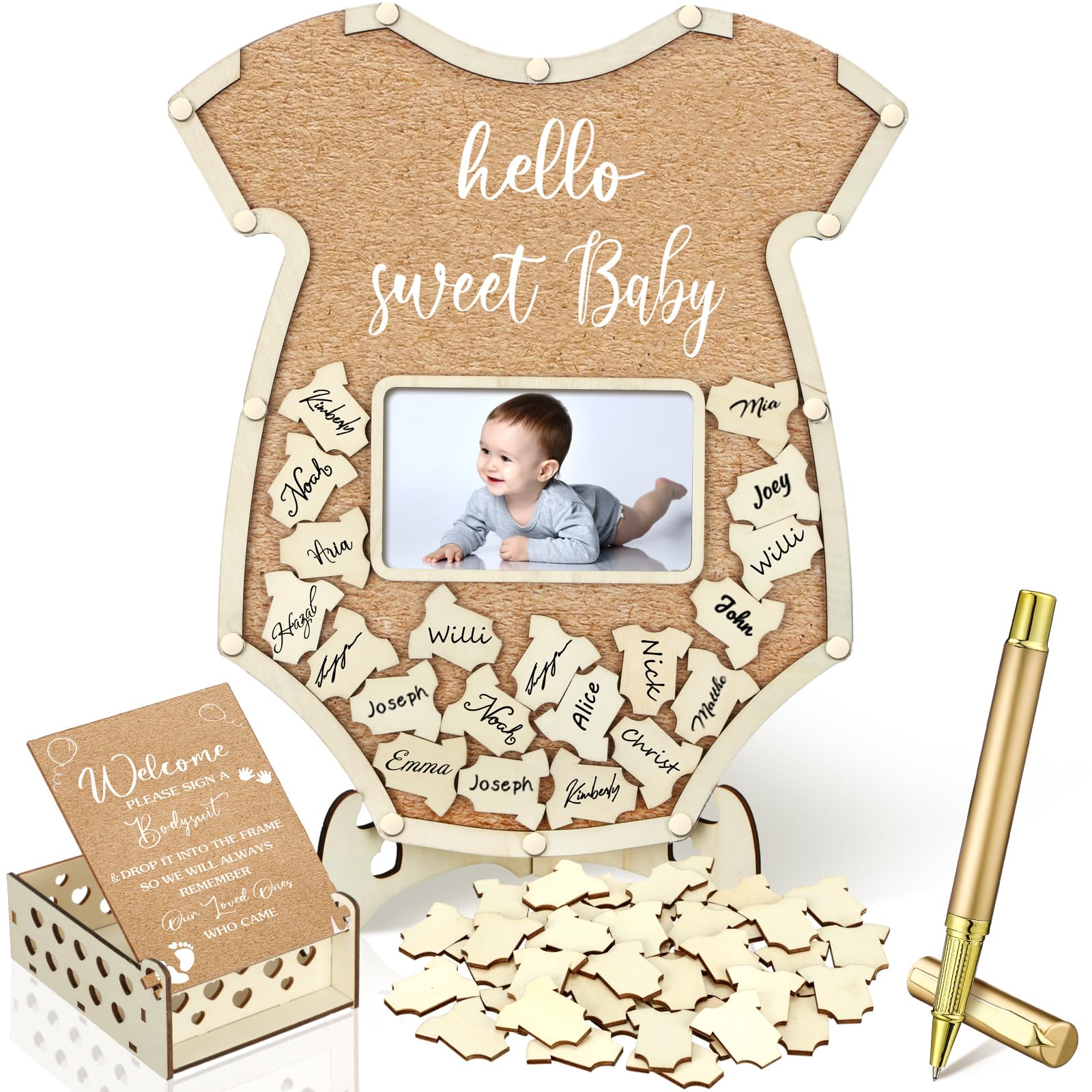 Wenqik 63 Pcs Bodysuit Baby Shower Guest Book,Wood Color