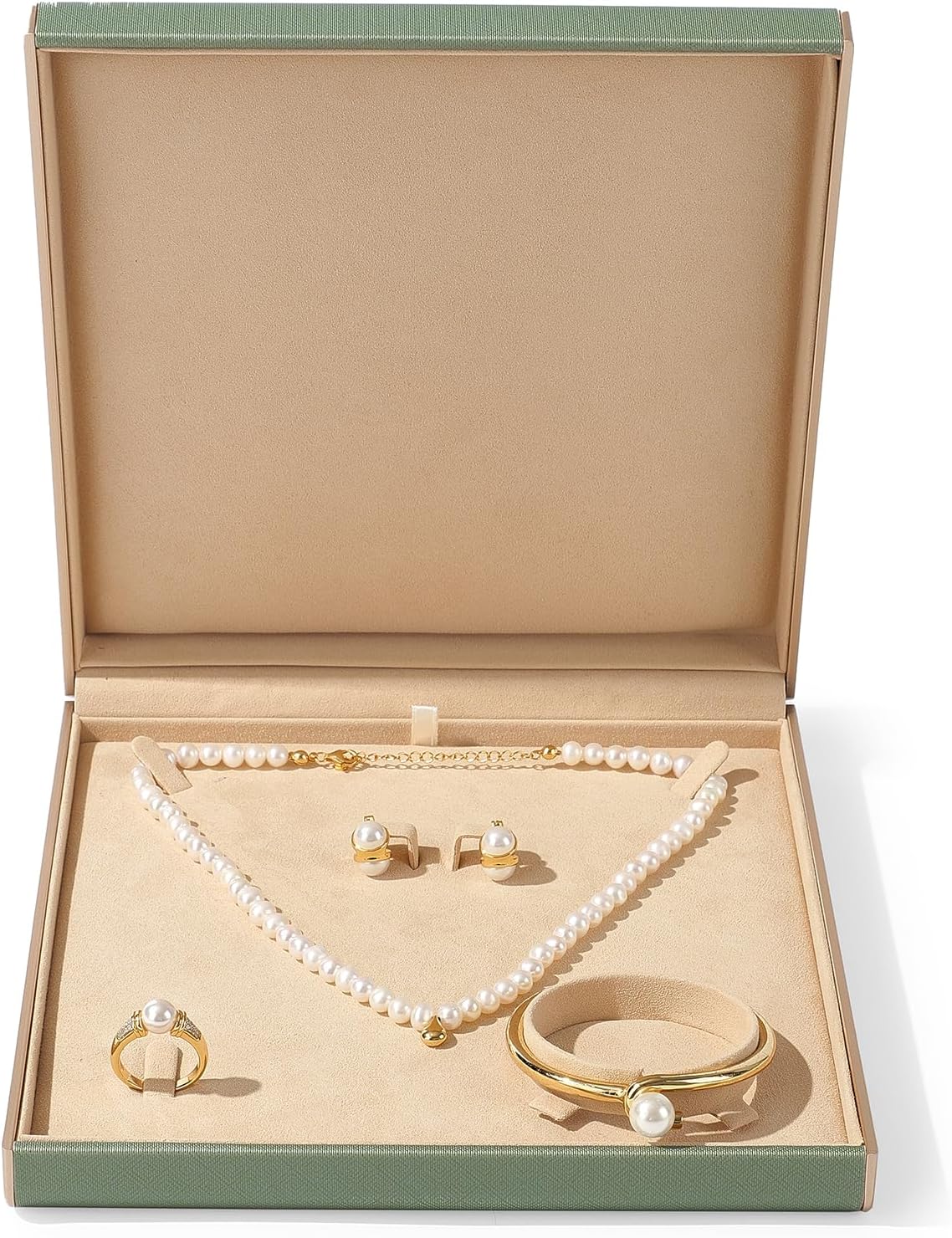 5 in 1 PU Leather Jewelry Set Box Microfiber Interior Gold Rimmed Necklace Earring Ring Bracelet Earring Gift Box Jewelry Case (Green)