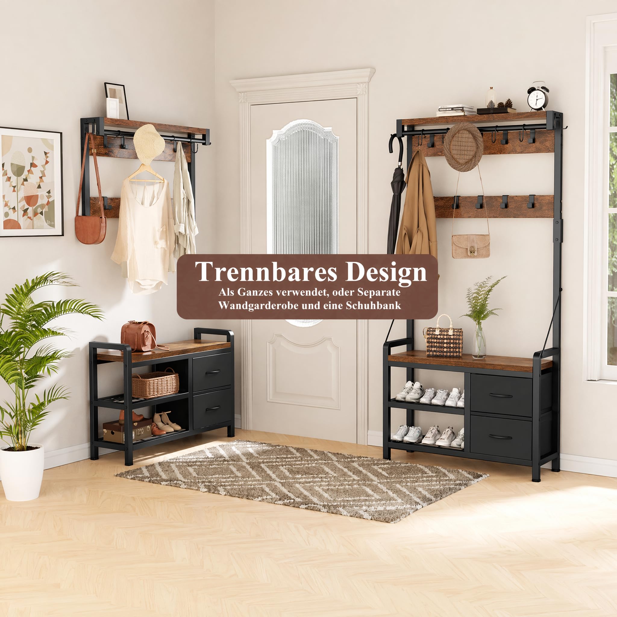EGGREE Porte-Manteau avec Étagère à Chaussures, Meuble d’Entrée avec 15 Crochets Amovibles, 2 Tiroirs, Design Séparable, 6-en-1 Vestiaire, Style Industriel, 80 x 30 x 180 cm, Marron Rustique et Noir