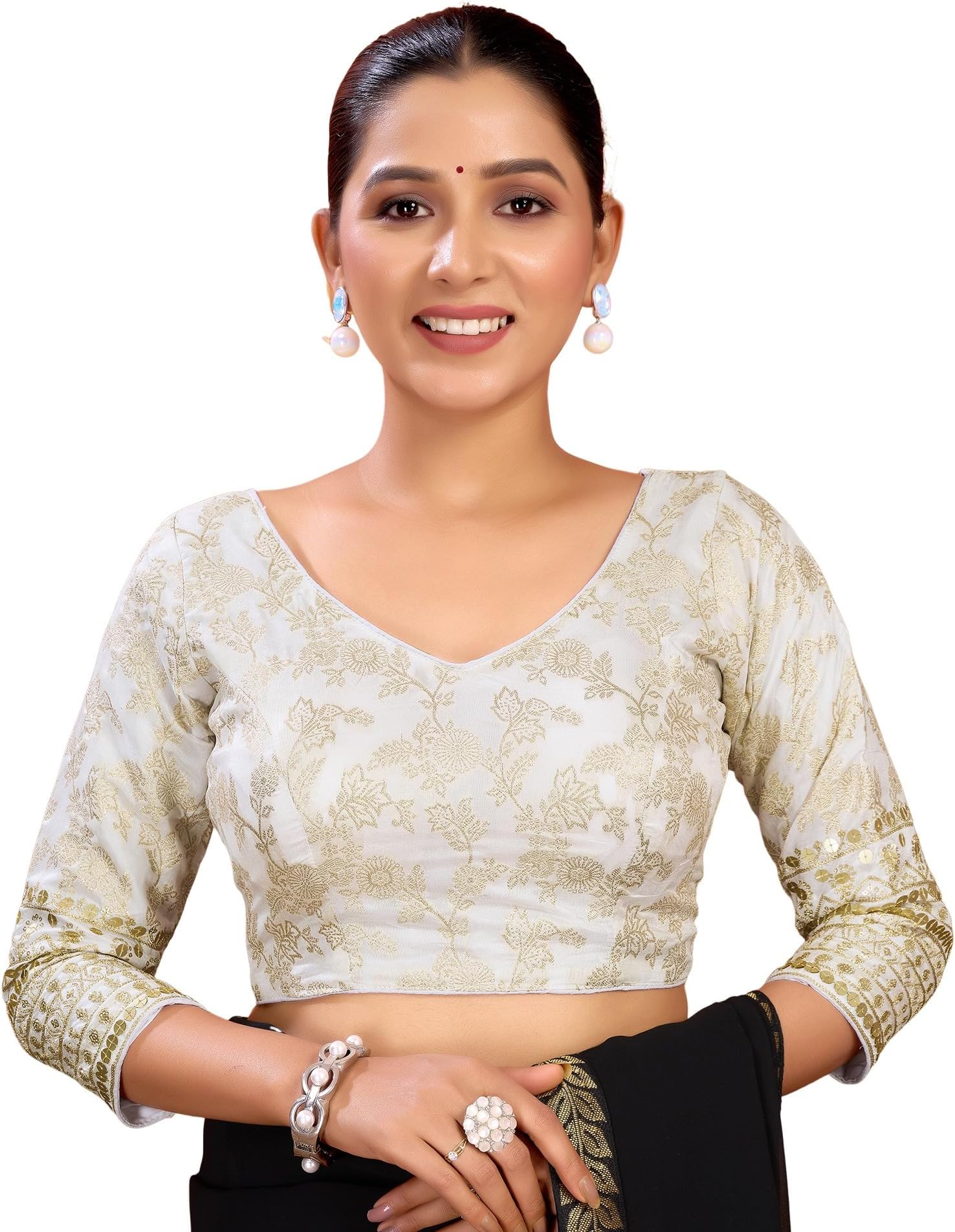 SIRIL Readymade Saree Blouse for Women | Silk Blend Sequence Embroidery 3/4 Sleeve Blouse | Stitched Padded Blouse