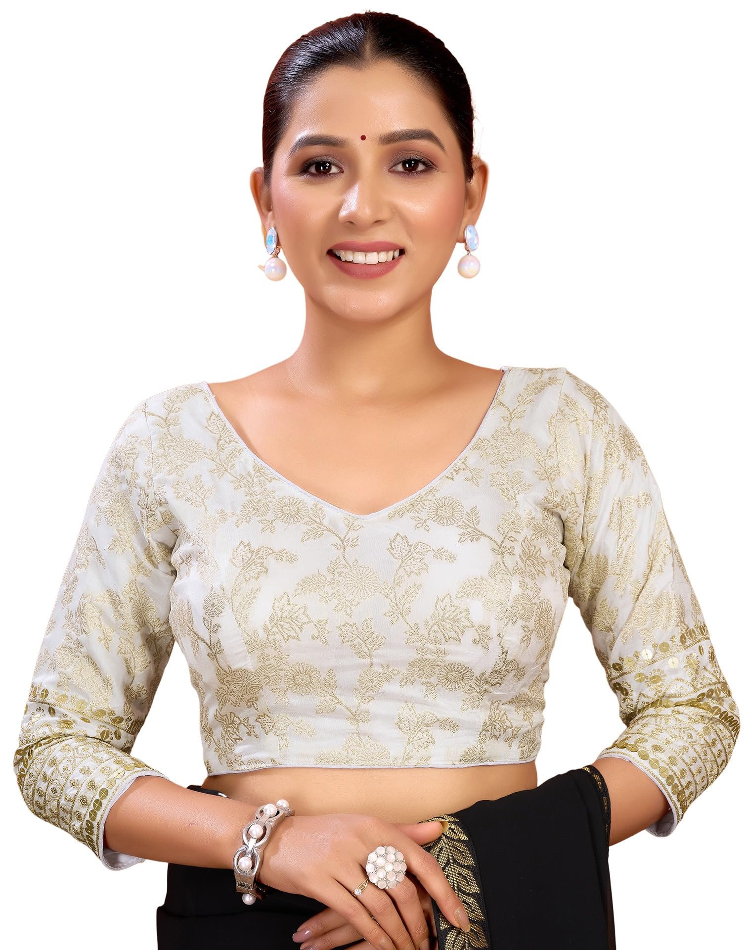 SIRIL Readymade Saree Blouse for Women | Silk Blend Sequence Embroidery 3/4 Sleeve Blouse | Stitched Padded Blouse
