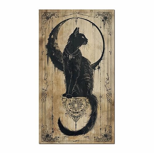 Halloween Retro Wooden Hanging Sign, Gothic Black Cat & Moon Wall Art With 2 Hook On The Backside, Artwork Witchcraft, Cat Lover Decorative Sign For Bedroom, Home & Office Decor - A01 - Black Cat & Moon