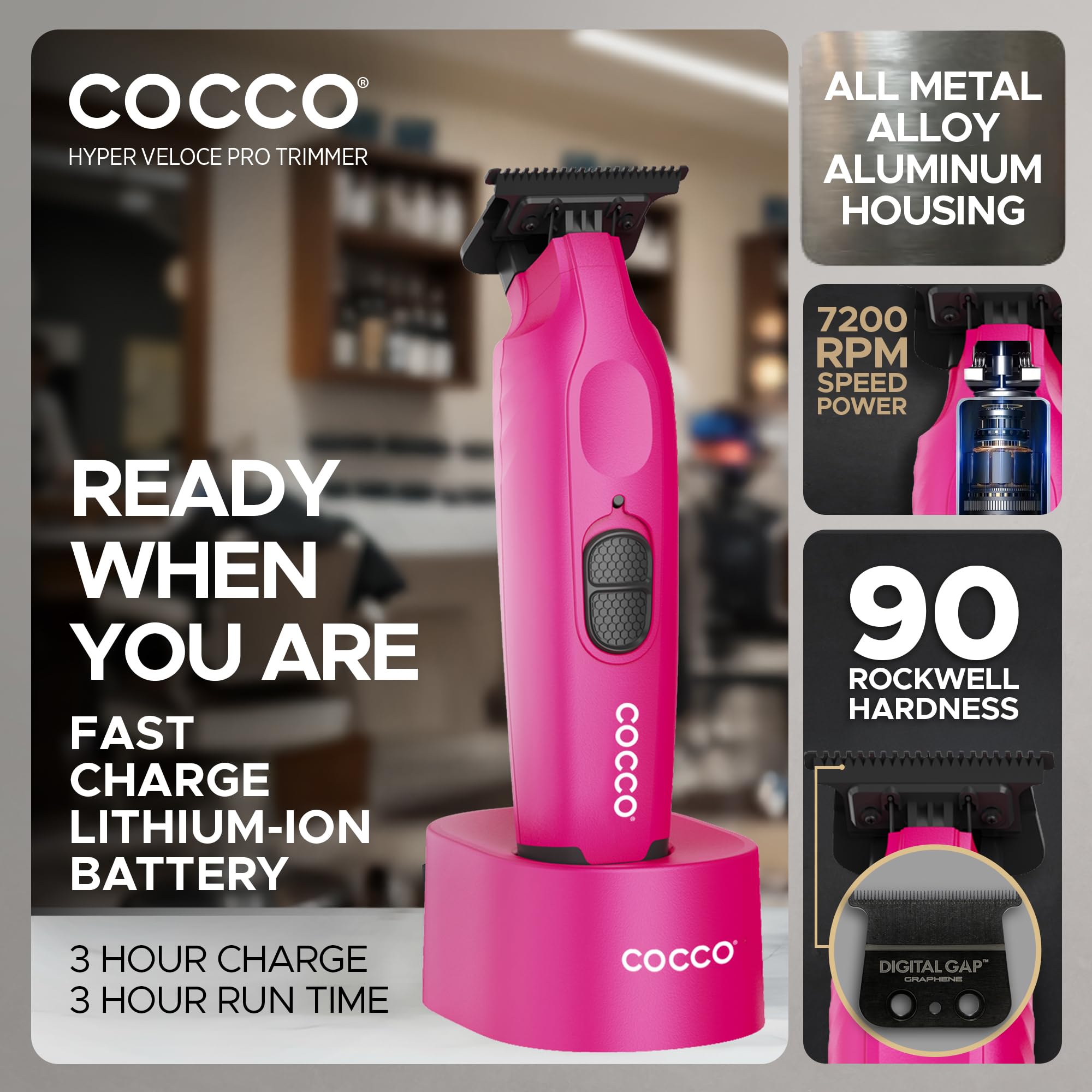 Cocco Hyper Veloce Pro - Recortadora digital, bordeadora de hoja de grafeno, motor BLDC sin escobillas de alto par, inalámbrico, diseño totalmente metálico, batería de iones de litio, base de carga