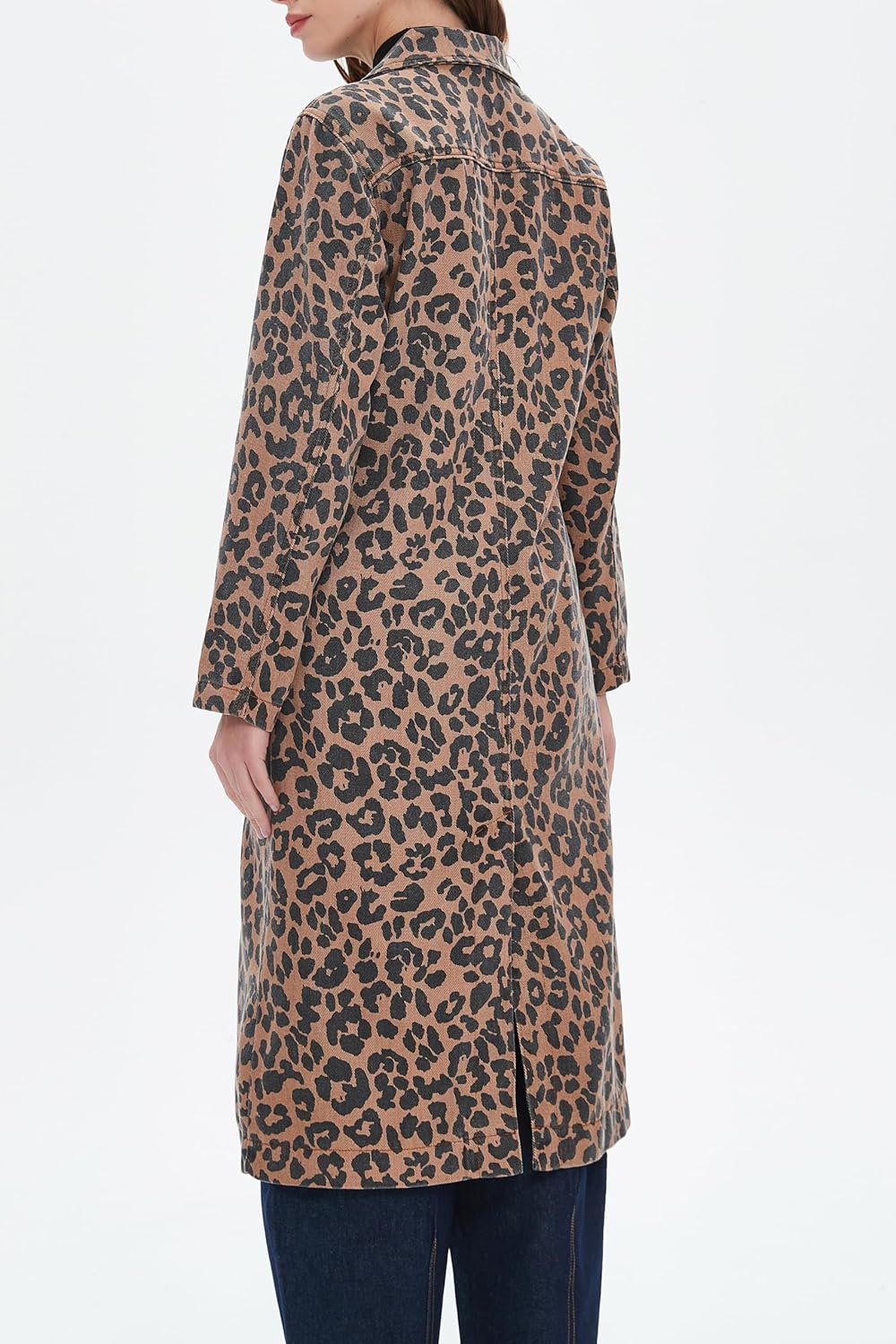 Womens Leopard Print Long Jean Jacket Plus Size Long Sleeve Button Down Lapel Denim Jacket Trench Coat - Image 2