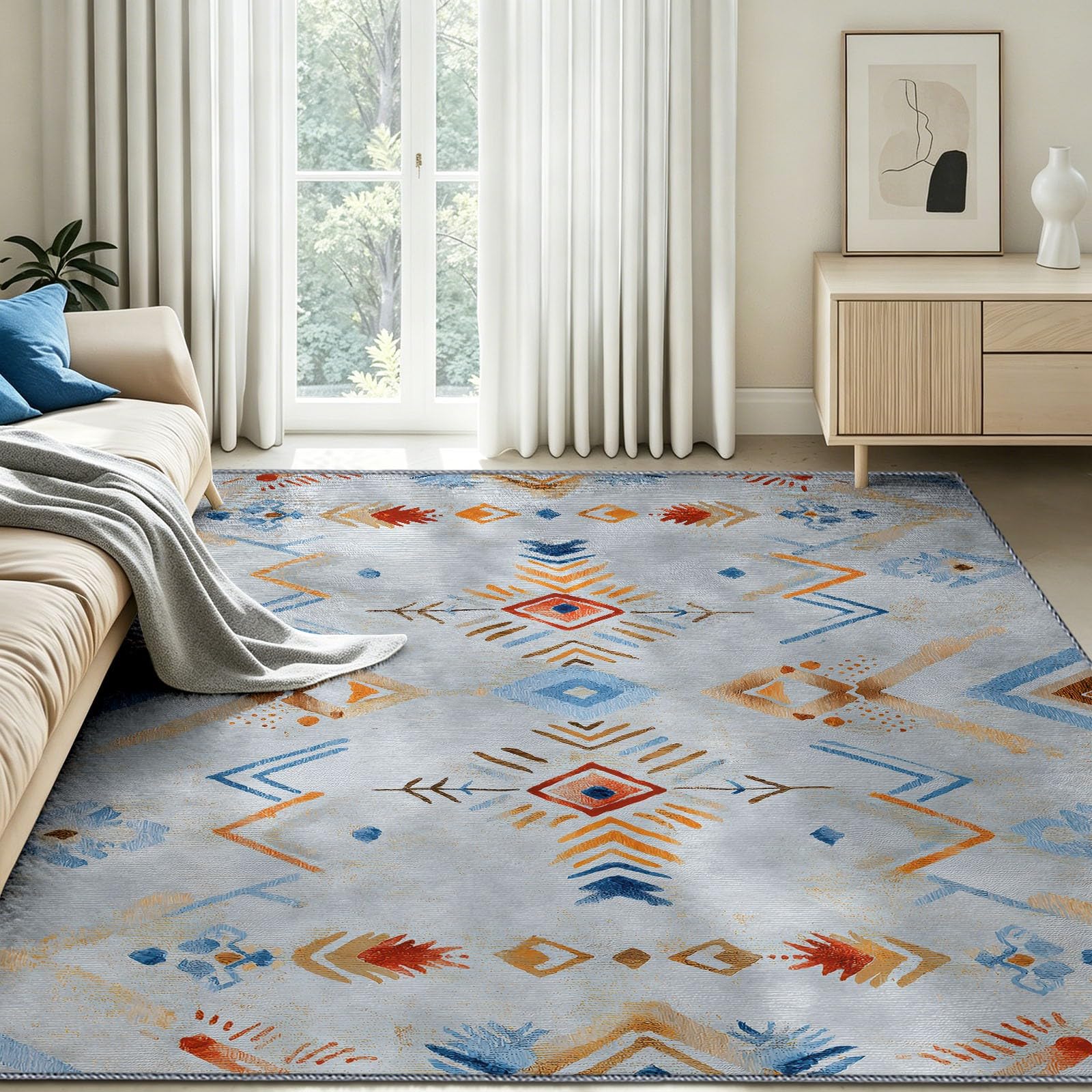 Tapis Entree Interieur 90 x 150 cm Vintage Géométrique Faible Poil Tapis Cuisine Devant Evier Antidérapant et Lavable en Machine Carpet Gris Symbole Symétrique Motif pour Entrée Couloir, Cuisine