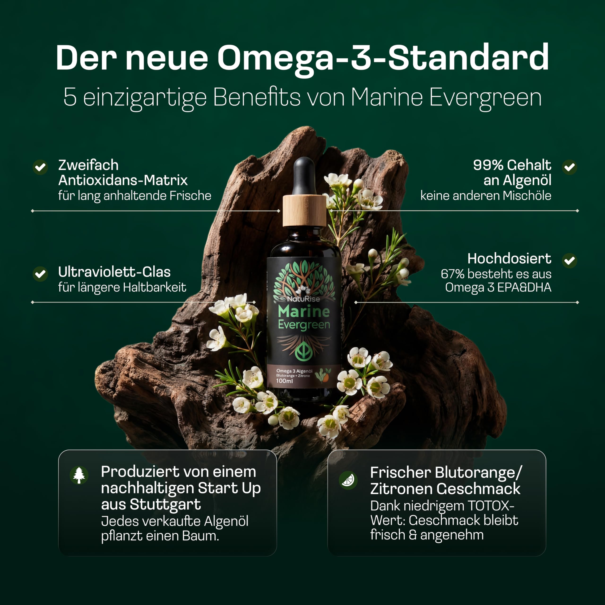 NatuRise® Omega 3 Vegan - 4700mg Algenöl pro Tag davon 3139mg Omega 3 (DHA, EPA & DPA) - Hochdosiert – 100ml – Laborgeprüft– Pipette mit Dosierskala - UV-Glas (Blutorange & Zitrone)