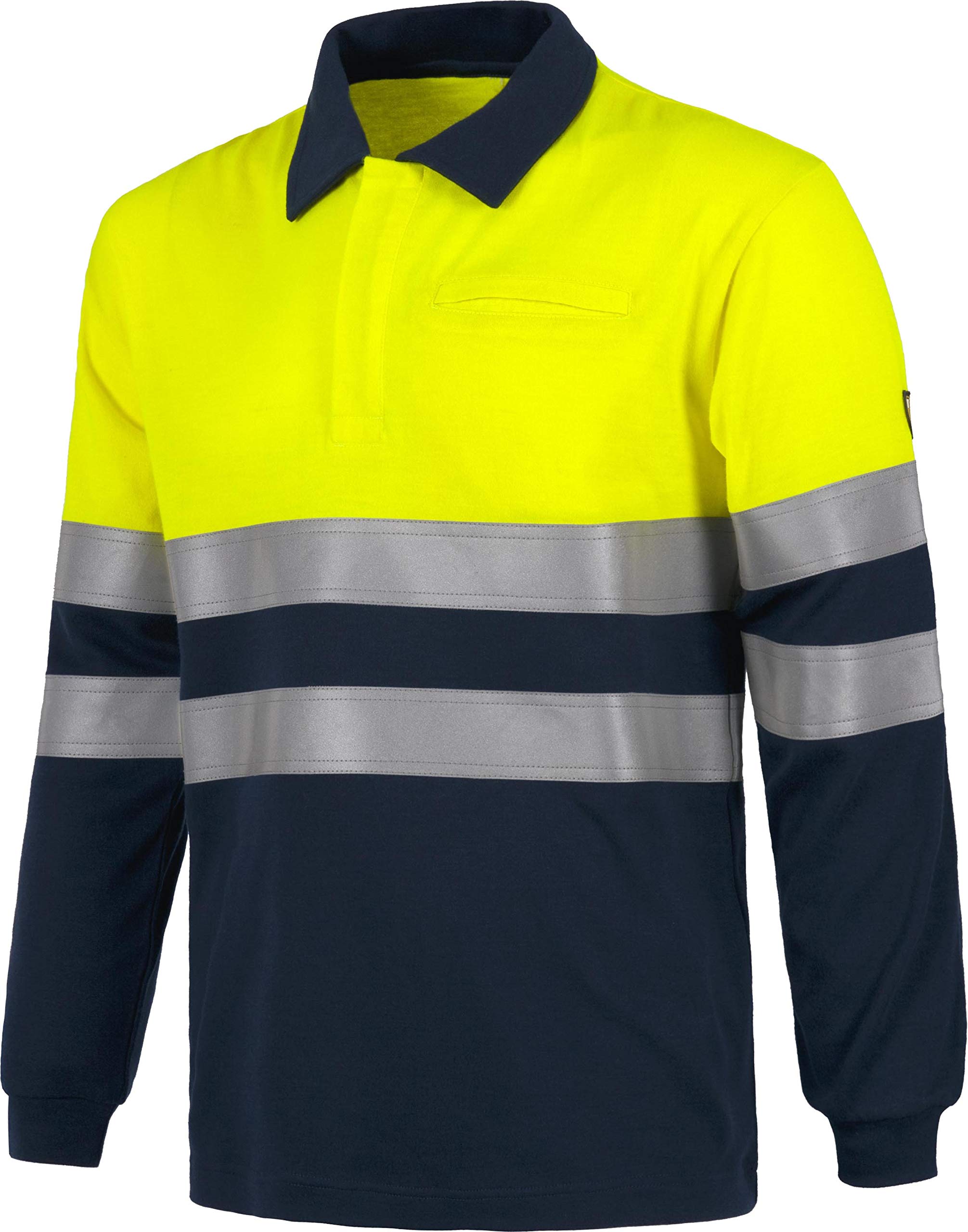 Work Team Polo Alta Visibilidad Manga Larga, modacrílico, Algodón, Fibra Antiestática. EN ISO 11612, EN 1149, EN 1150. Unisex Marino+Amarillo A.V. L