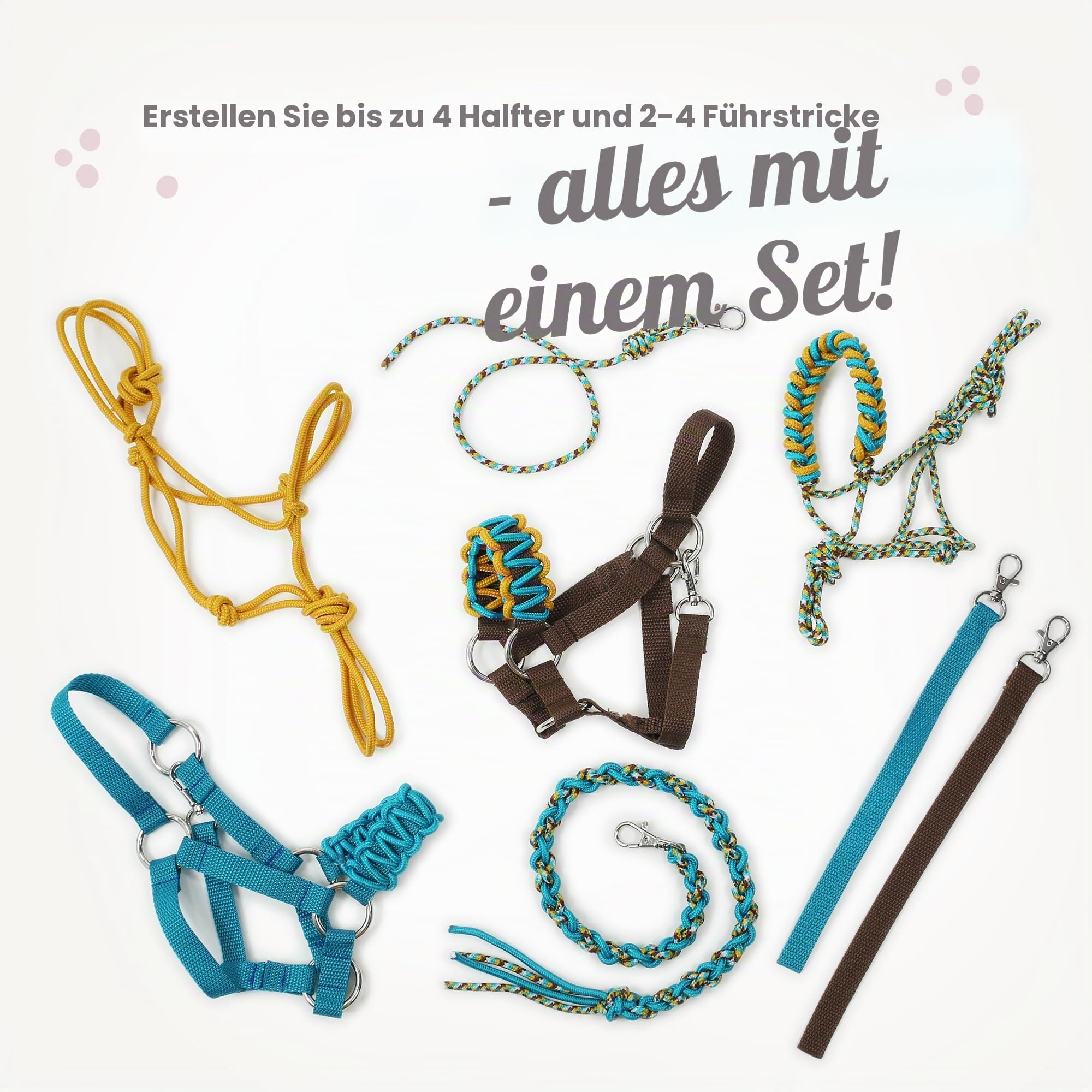 kullaloo DIY Hobby Pferde Halfter Kit ✦ Machen Sie Stick Pferdekopfhalsbänder, Seilhalfter & Zügel ✦ Inklusive Anleitung ✦ Blaugrün/Senf