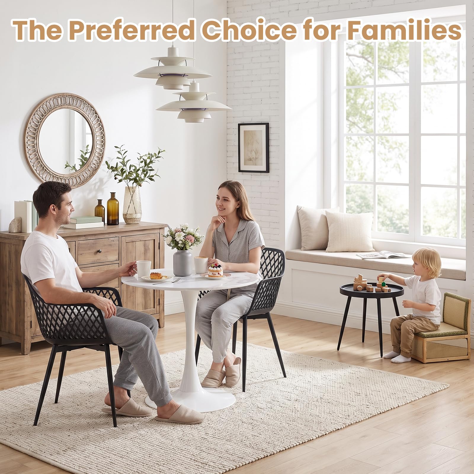 Tavolo bistrot con 2 sedie, piccolo tavolo da pranzo con 2 sedie | Set tavolo e sedie per sala da pranzo: 2 poltroncine nere + 1 tavolino + 1 tavolo effetto marmo – ⌀ 80 cm