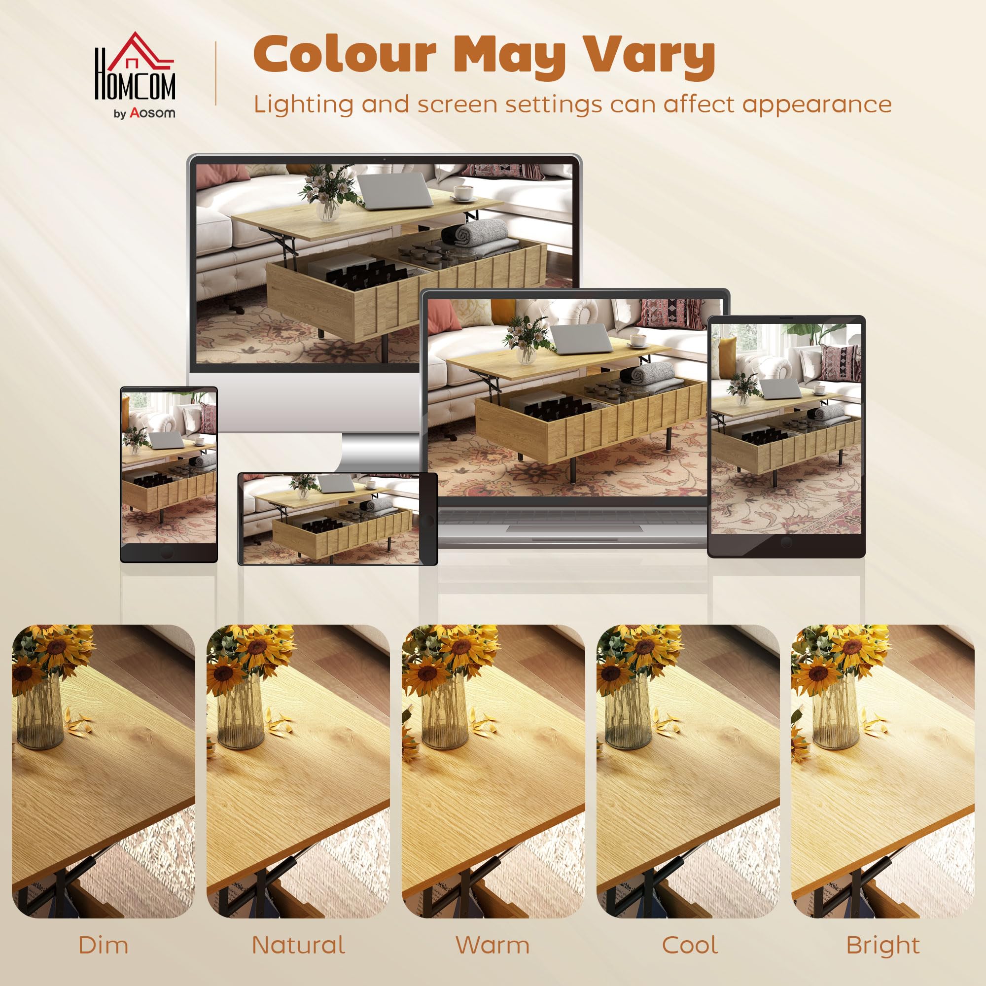 HOMCOM Mesa de Centro Elevable con 2 Compartimentos 110x55x36,5 cm Roble | Mesa de Café para Salón, 2 Compartimentos Ocultos, Patas de Metal, Sala de Estar, Comedor