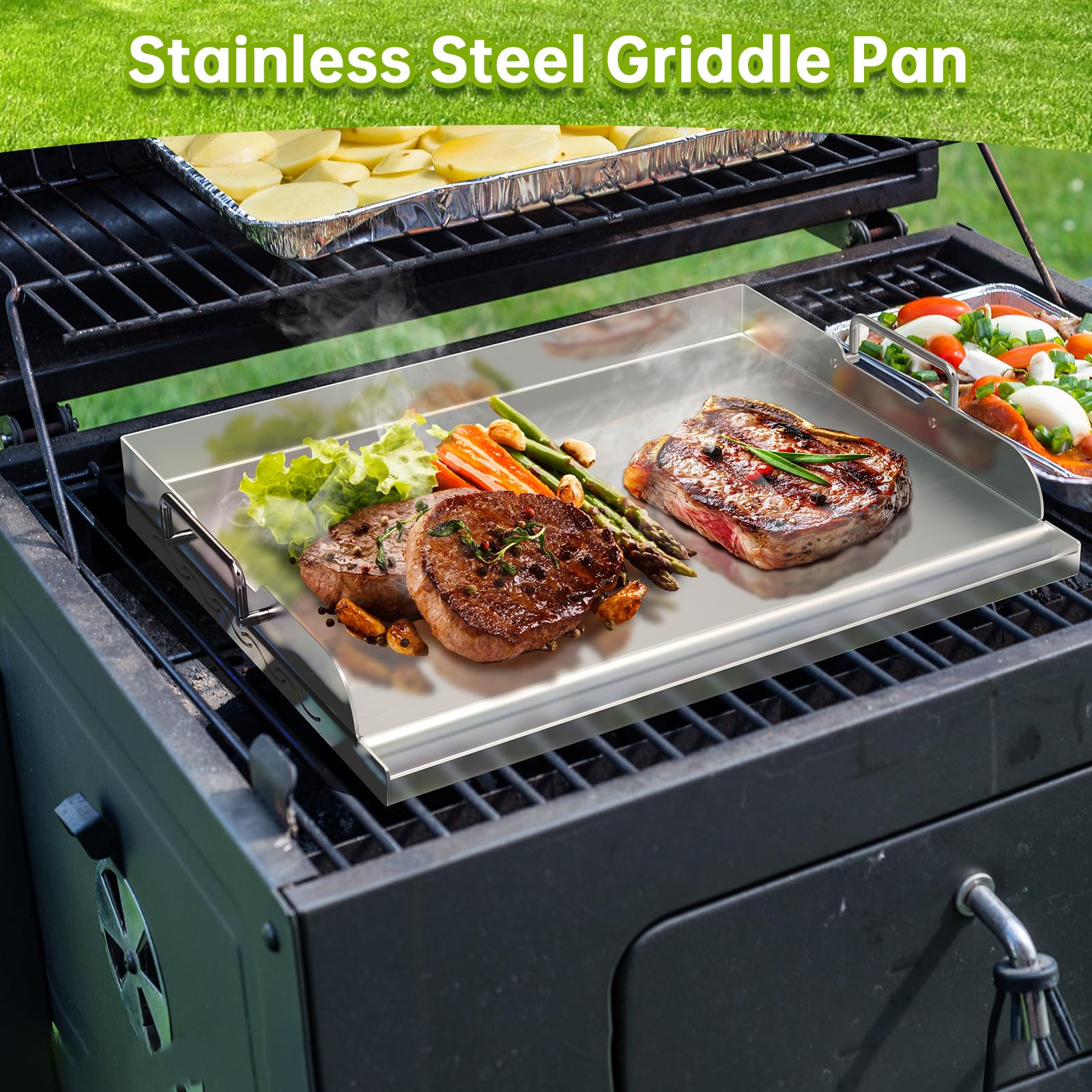 Plancha universal de acero inoxidable con soporte de calefacción uniforme para parrillas de carbón y gas, campamento, fiestas y fiestas, con ranura para grasa y asas extraíbles (17 x 13 pulgadas) 6