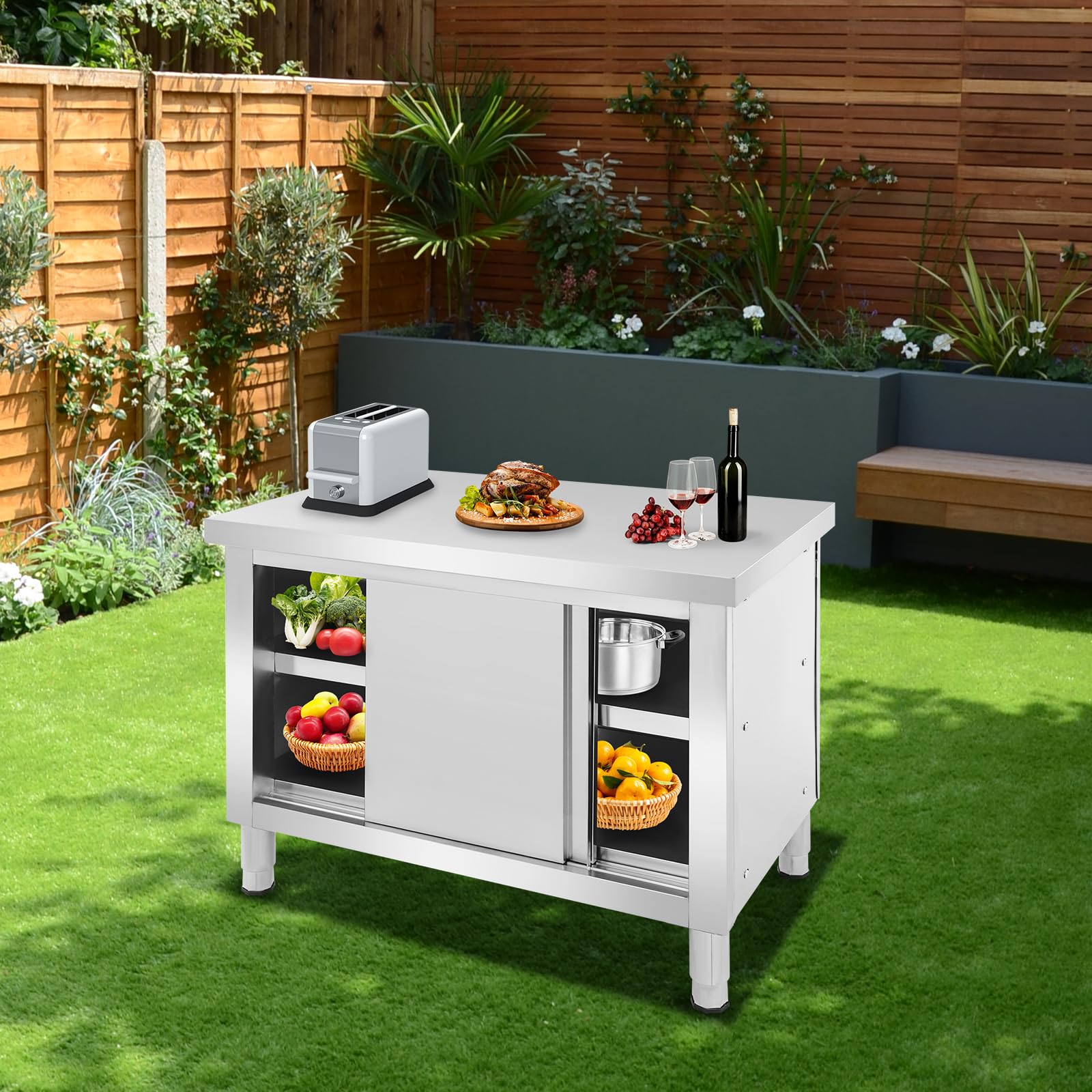 Edelstahl Schrank mit Schiebetüren, Outdoor Küche Edelstahl Tisch Gastro, Freistehender Arbeitsschrank Küchenarbeitstisch für Restaurant, Garage und Küche (100 * 60 * 80cm)