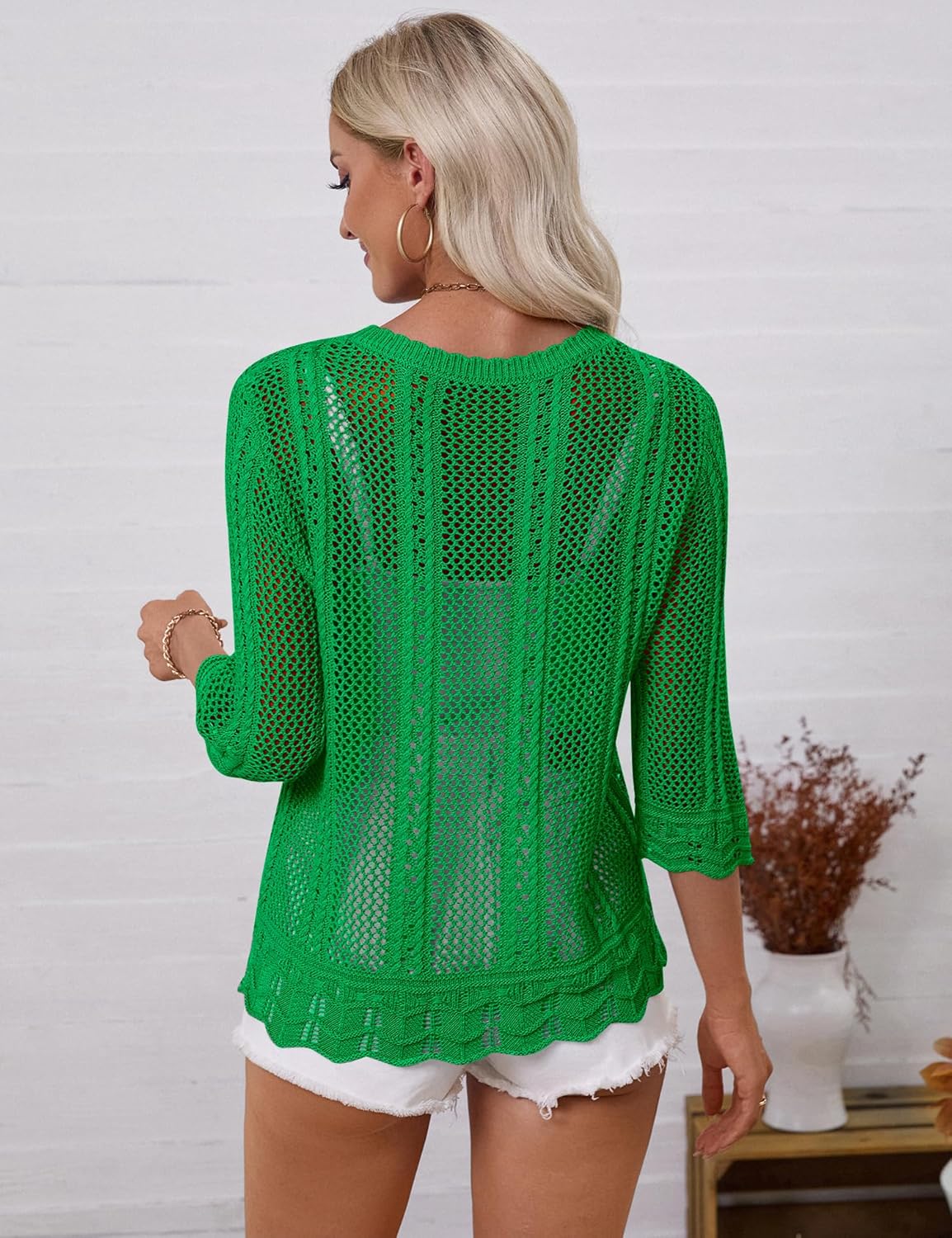 LOMON Womens Summer 3/4 Sleeve Sweater Scoop Neck Casual Crochet Hollow Out Knit Tops Pullover Shirts Blouse - Image 6