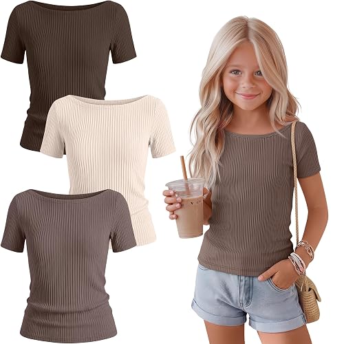 LessonZoo 3 Pack Girls Shirts Cotton Basic Tees Ribbed Knit Slim Fit T Shirts Boat Neck Tops Casual for Kids Ages 5-14(11-12 Years,Cream, Khaki, Light Brown)
