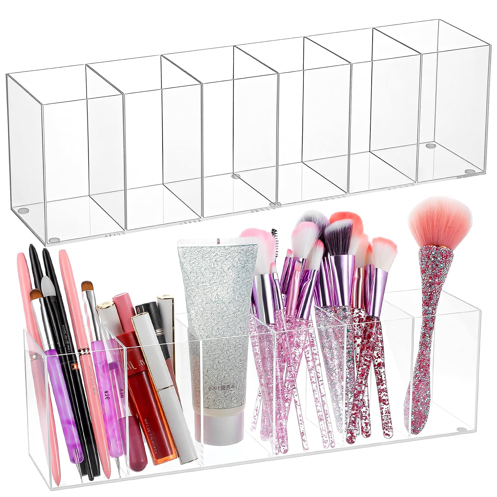 2 soportes acrílicos para brochas de maquillaje, 6 compartimentos, organizador de lápices, soporte para lápices para escritorio, organizador de bolígrafos, soporte de almacenamiento para bolígrafos